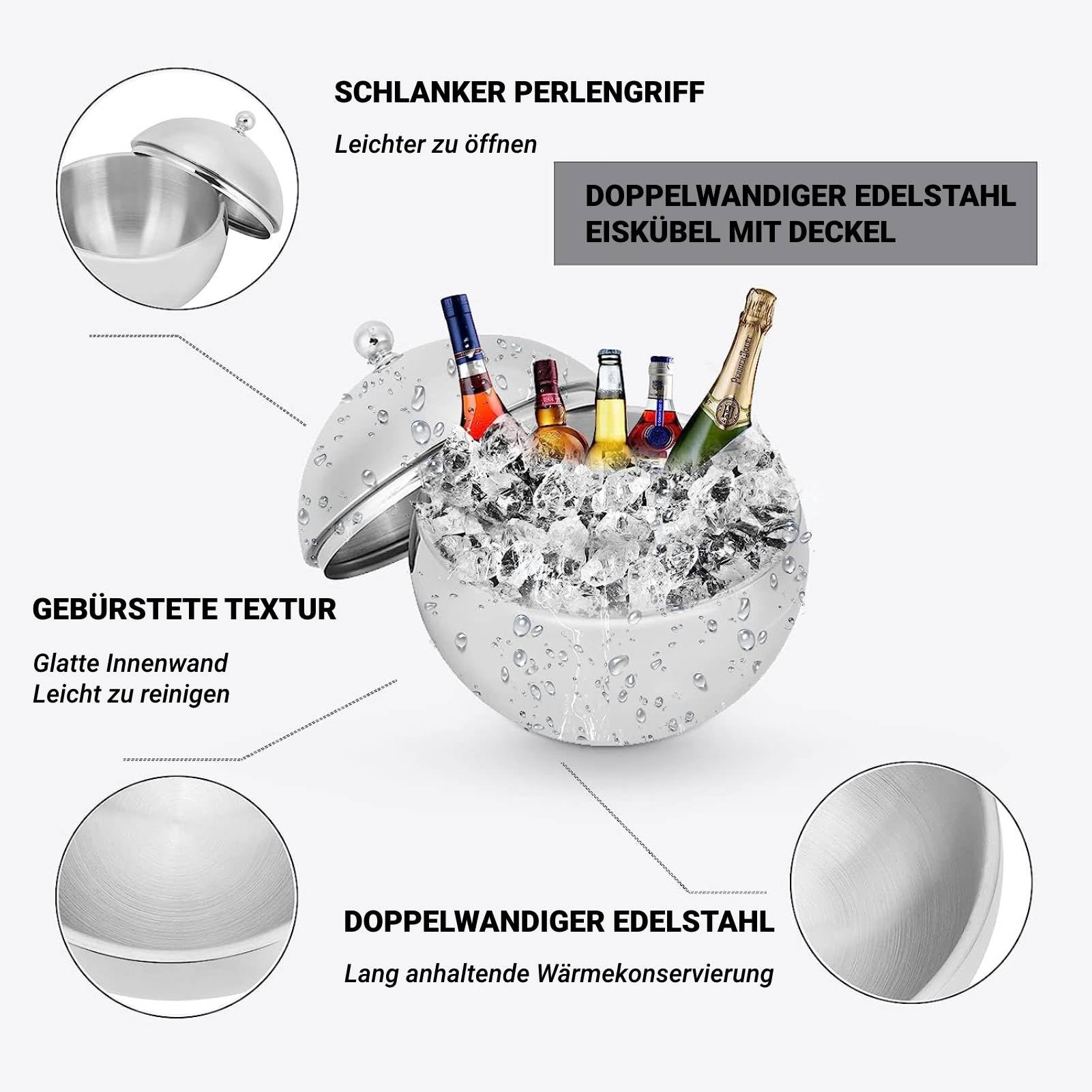 2L Eiskübel, Kugelförmiger Doppelwandiger Edelstahl-Eiskübel, Metall-Eiskübel mit Deckel, Bar-Eiskübel für Eiswürfel, Bier, Champagner，Umweltfreundlich und Harmlos Tragbar Warm Halten, für Party-Bar