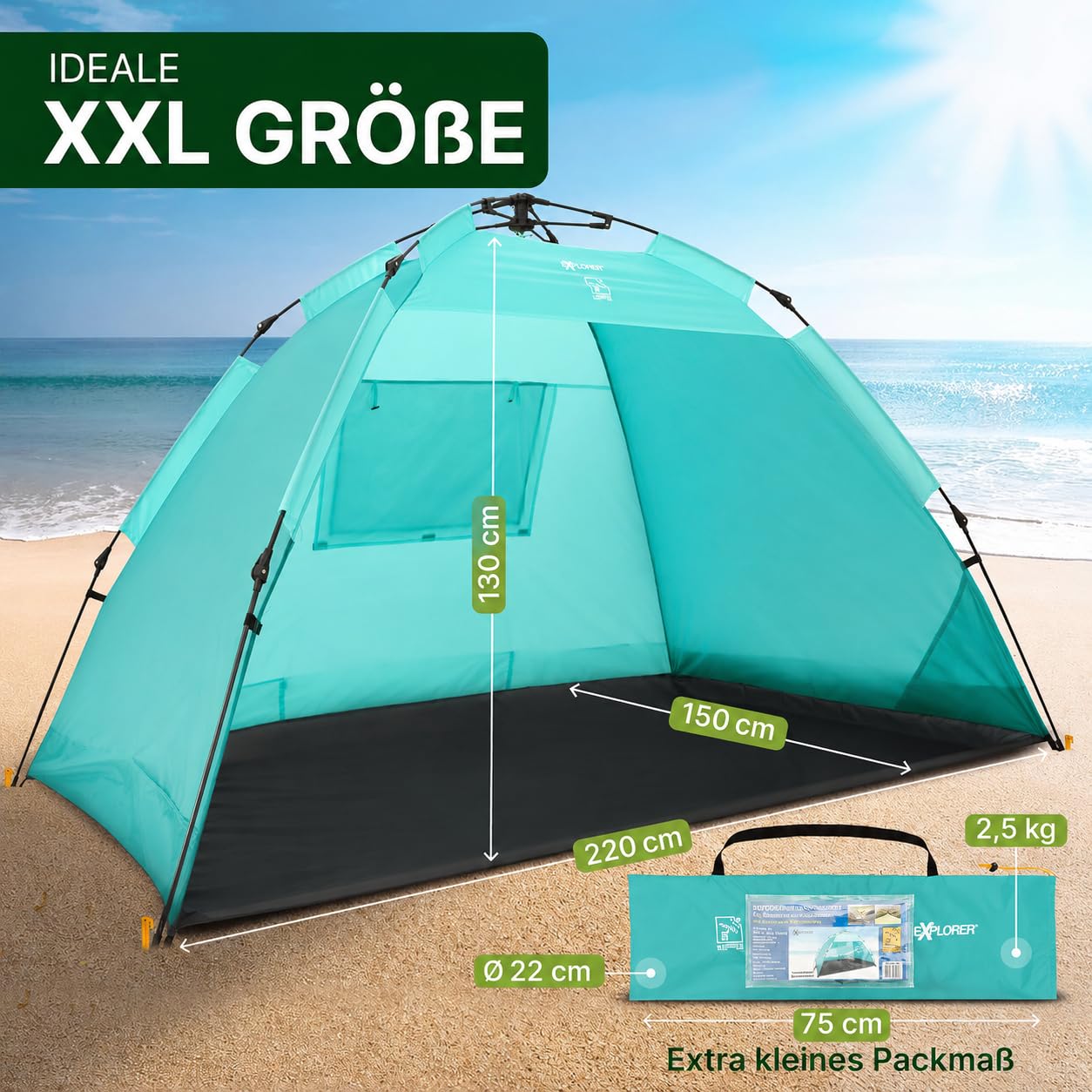 EXPLORER XXL Automatik Strandmuschel UV Schutz 80+ 220x150x130cm Strandzelt Sonnenschutz Mint