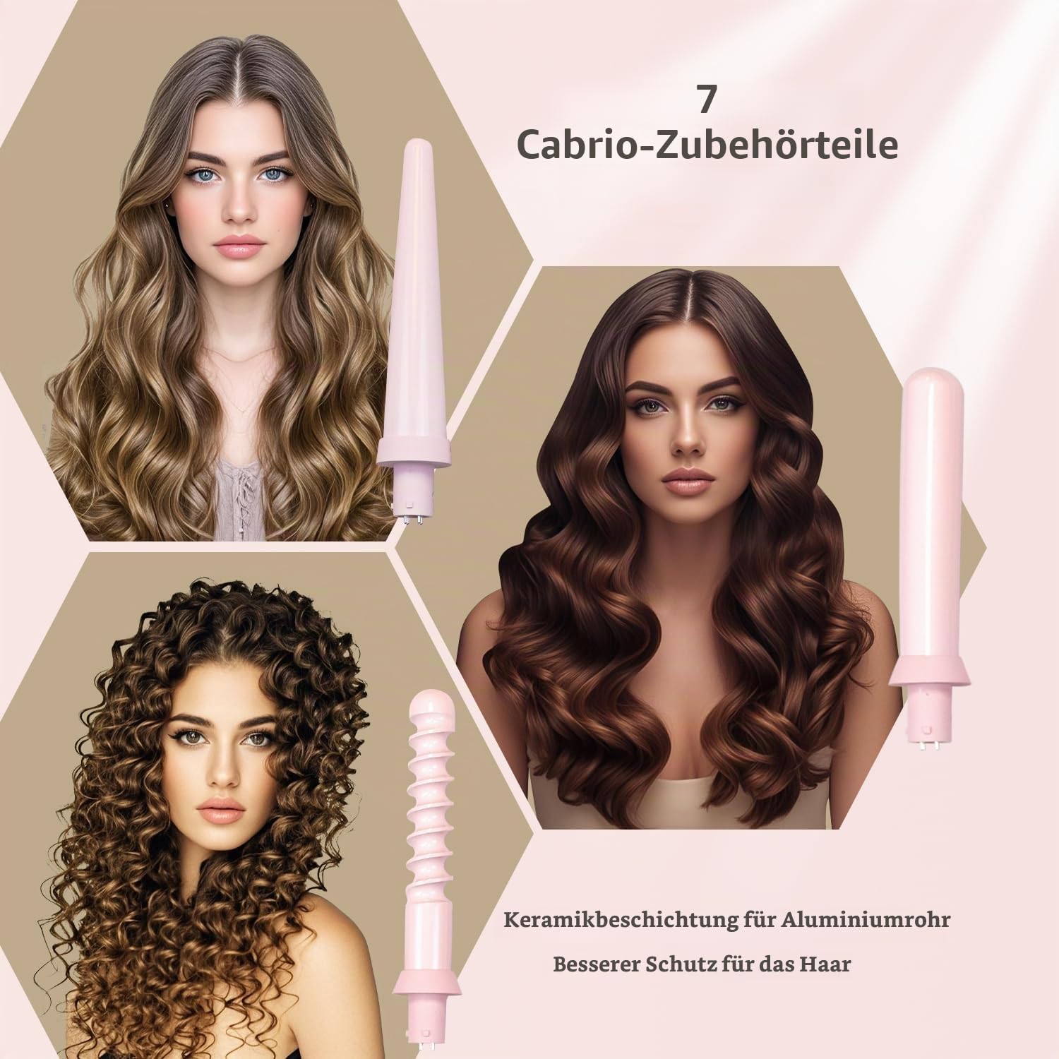 Lockenstab Lockenstäbe Set 7 in 1 für großer Wellen, (0,6 "-1,25"), Crimper Styling Werkzeuge, beheizte runde Bürste, Haargerät, Keramikbeschichtung mit rosa Geschenkverpackung