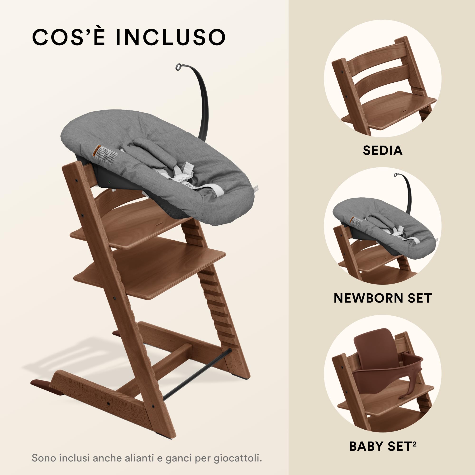 Seggiolone Tripp Trapp di Stokke, Warm Brown (Include Sedia + Baby Set 2) con Newborn Set (Anthracite) - Design Sicuro, Regolabile, Ergonomico