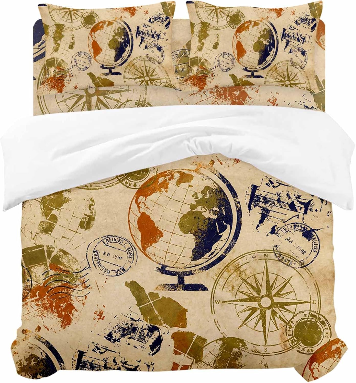 Vintage Globe Duvet Cover Set, Abstract Travel Adventure Compass Soft Duvet Cover Twin Size Bedding Set 4 Pieces, 1 Quiltcover and 2 Pillowcases with Zipper, 1 Bed Sheet for All Seasons