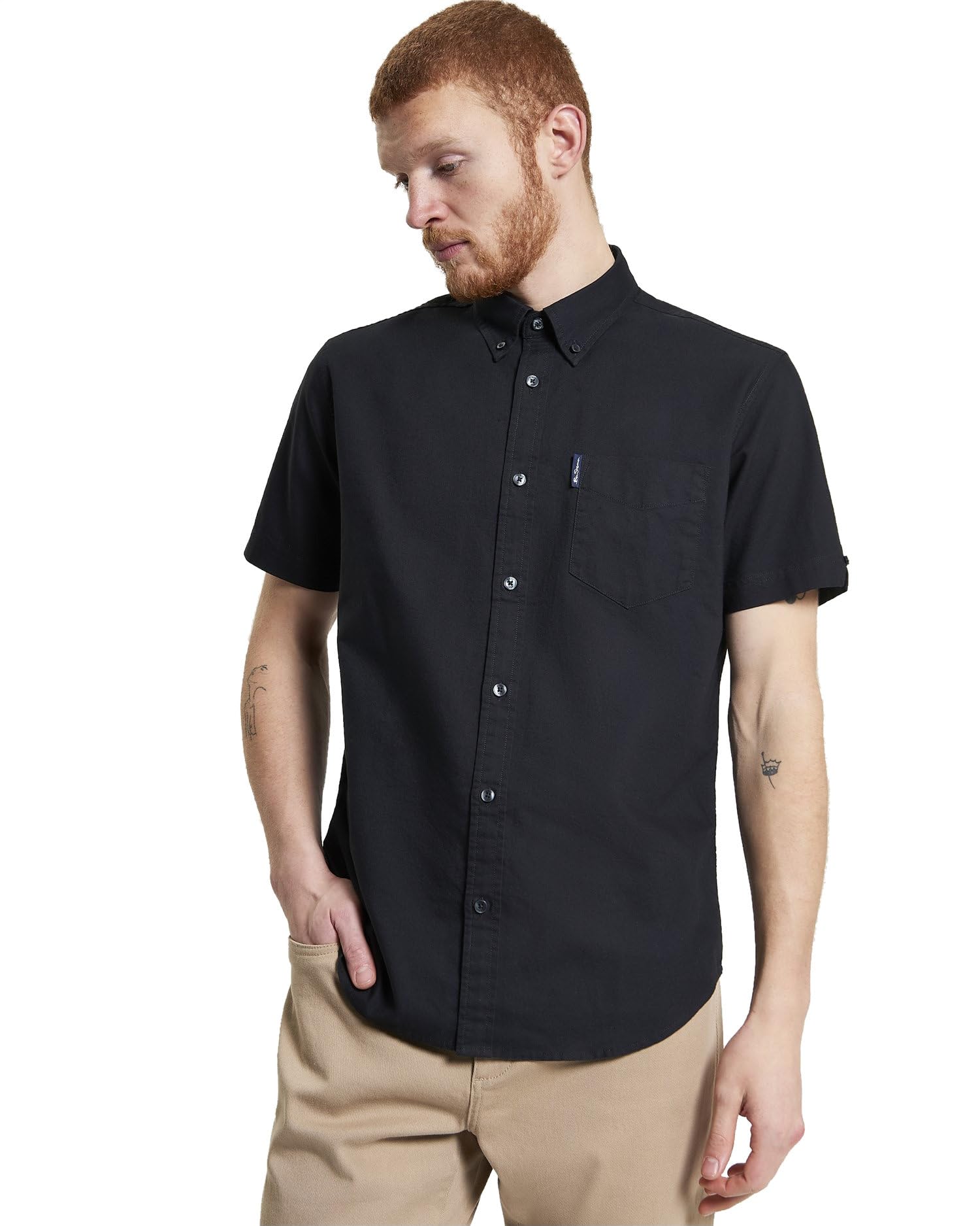Ben Sherman Men's Button-Down Collar Signature Oxford Shirt, Tab Logo Pocket, Short Sleeved, Regular Fit (Black.) XXL