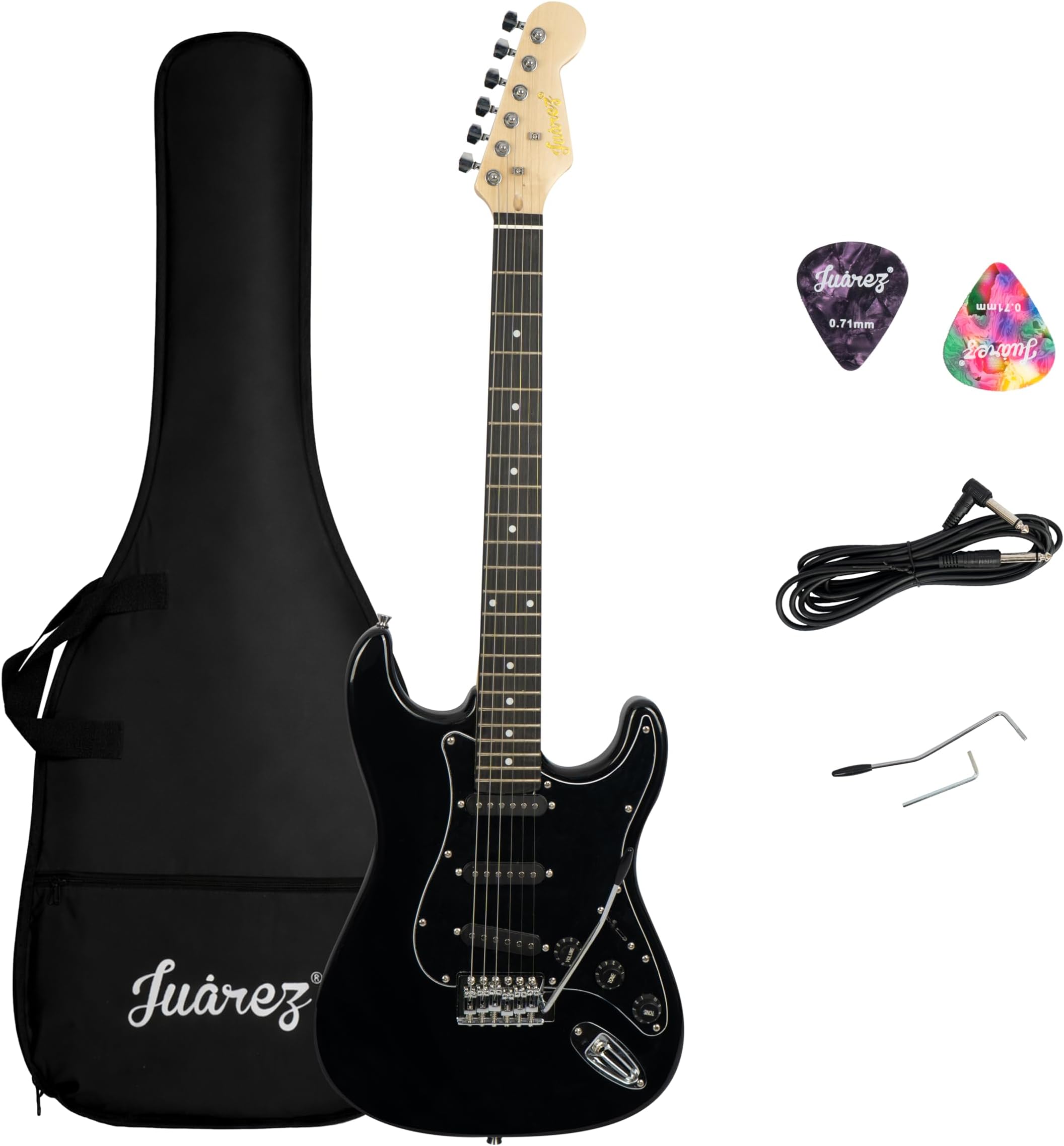 Juarez Electric Guitar 38" Strat Style, H-S-S Pickup, 21 Frets, Maple Neck, Rosewood Fingerboard, Chrome Hardware – with Bag, Tremolo Rod, Cable, Picks & Allen Key, Full Black Gloss Finish