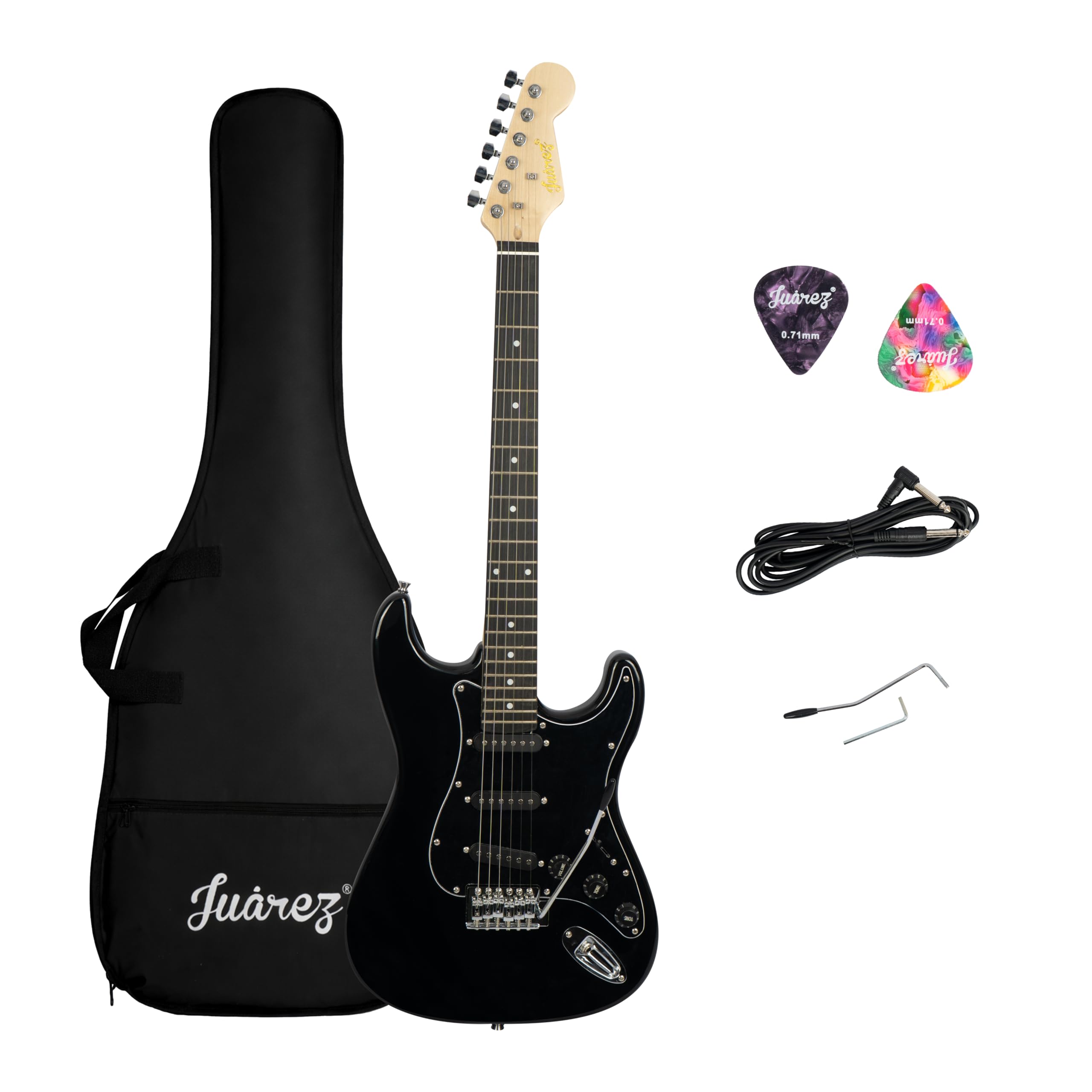 Juarez Electric Guitar 38" Strat Style, H-S-S Pickup, 21 Frets, Full Black Gloss Finish, Maple Neck, Rosewood Fingerboard, Chrome Hardware – with Bag, Tremolo Rod, Cable, Picks & Allen Key