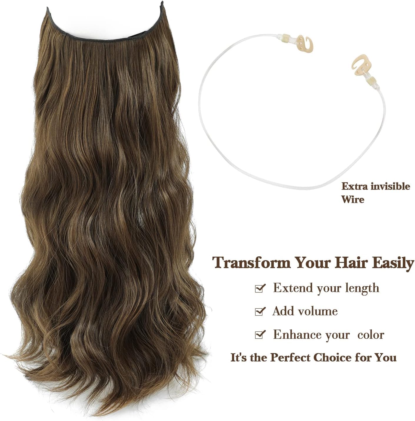 Ms TAj Brown Halo Hair Extensions 12 inch with Adjustable Size Removable Clips Invisible Secret Synthetic Curly Hairpiece for Women - Image 3