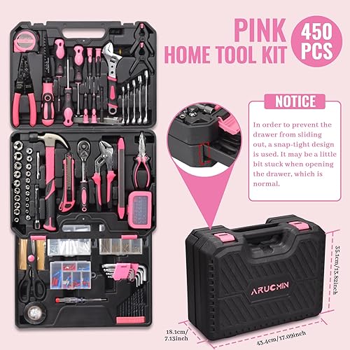 Miniatura 2 de Juego de 450 herramientas color rosa con herramientas de acero al cromo vanadio, kit de reparación para el hogar, automóvil y taller para mujeres,