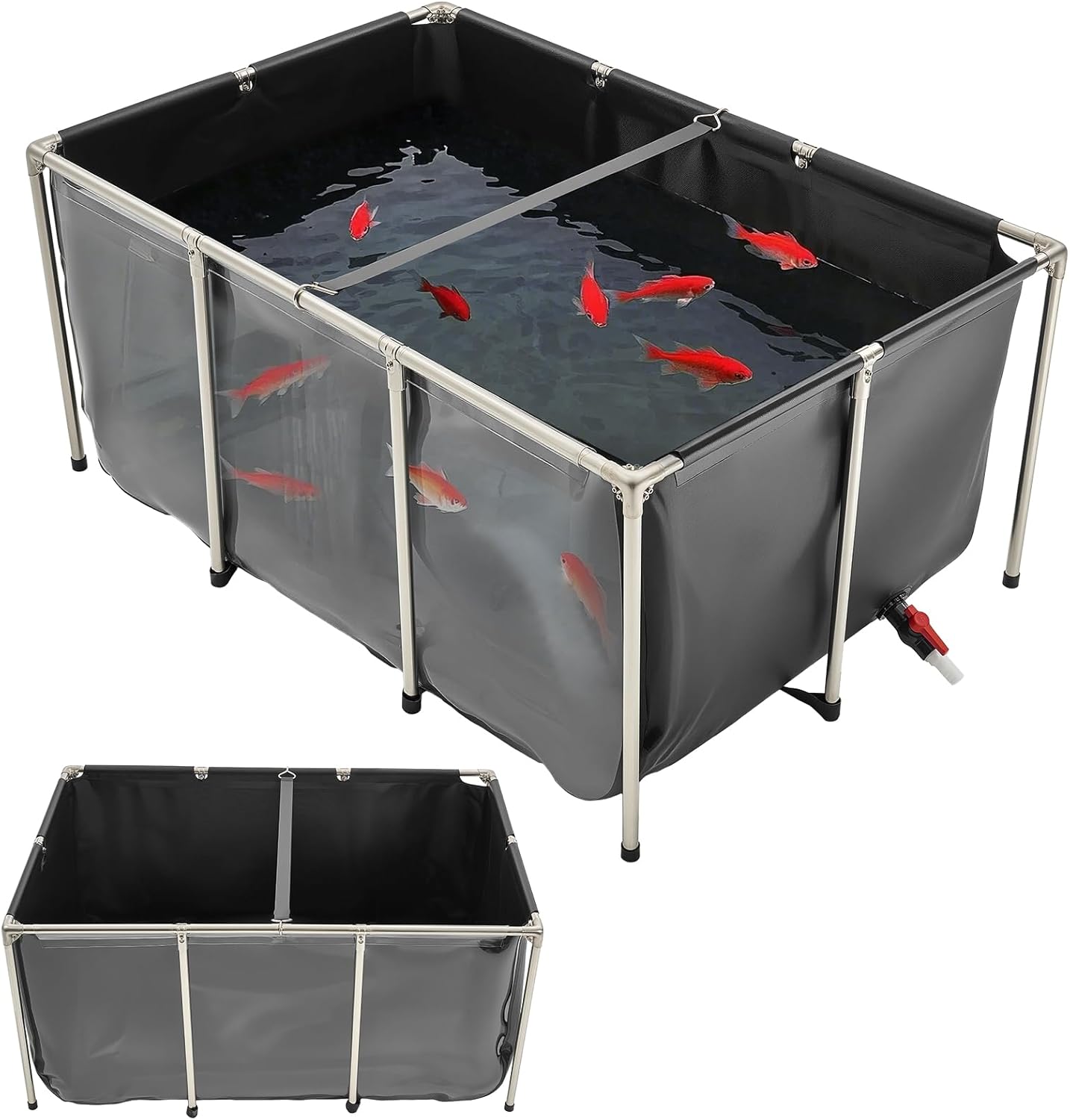 VEVOR Canvas Fish Pond, 270 Gal Above Ground Fish Pond, PVC Koi Tank with Clear Viewing Panel, Rectangular Goldfish Tank with Stainless Steel Frame & Drain Valve, for Breeding Koi, Irrigation(Black)