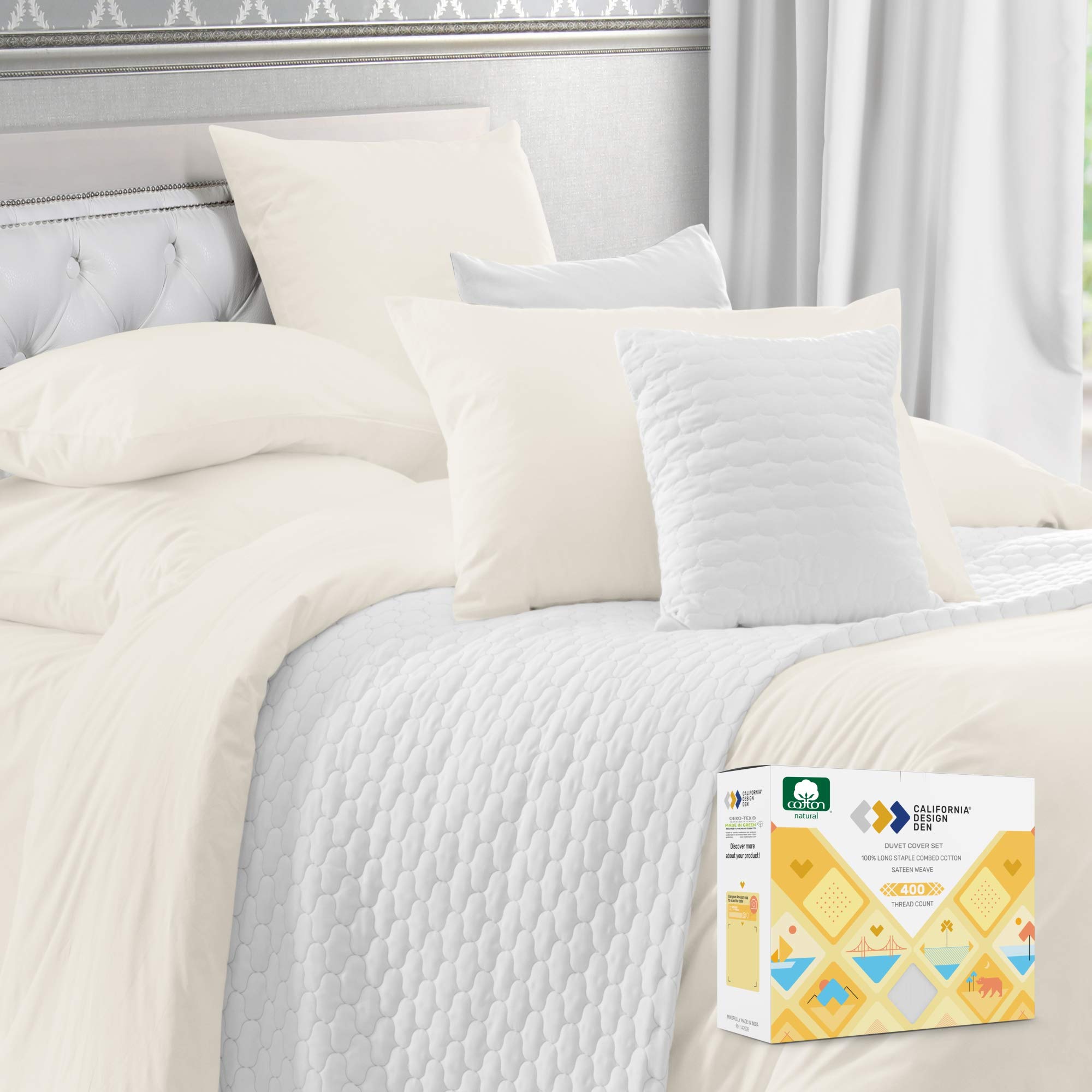 California Design DenSilky Sateen Weave Cotton Duvet Cover Set(3 Piece, Ivory, Oversized King)