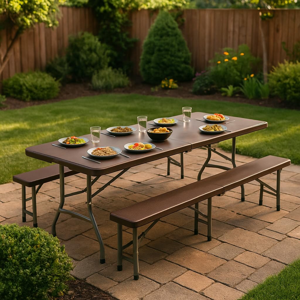 Brigros - Tavolo Pieghevole Con Panche Da Giardino, Perfetto Come Tavolo Campeggio O Tavolo Picnic, Salvaspazio Con Panche Da Esterno In Metallo E HDPE (Rattan)