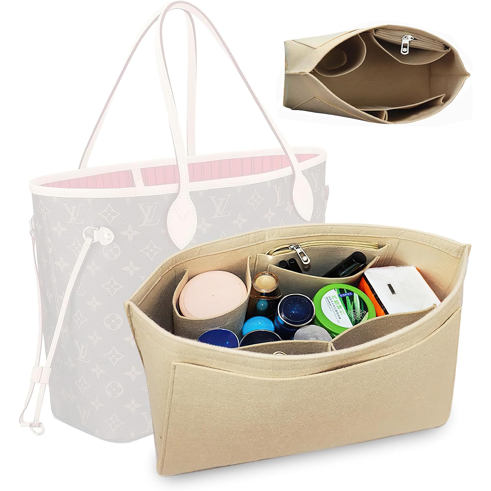HahamiyaHahamiya Purse Organizer Insert for Longchamp, Multi-Pocket Softened Felt Handbag Organizer, Folding Tote Bag Organizer Insert for Wallet Purse Organizer- (Large, Beige)