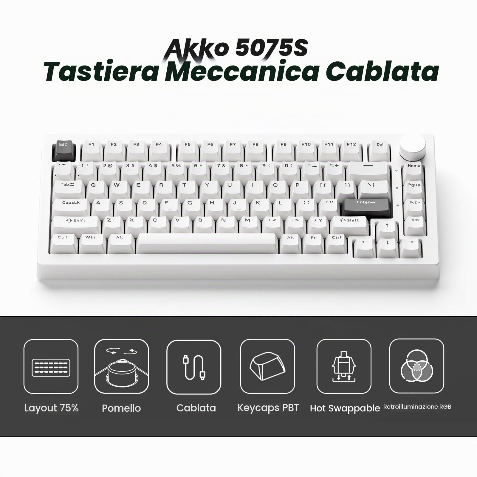 Akko 5075 V3 Tastiera Meccanica 75% Gasket RGB Hot Swap | Layout QWERTY, RGB Programmabile, Switch Frost Pink per Build Custom, Ufficio e Gaming (Nero su Bianco)