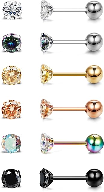 Diamday 6Pairs 20G Stainless Steel Cartilage Stud Earrings for Women Men Girls Tragus CZ Flat Back Screw Back Earring Sets Helix Hypoallergenic Ear Piercing Jewelry