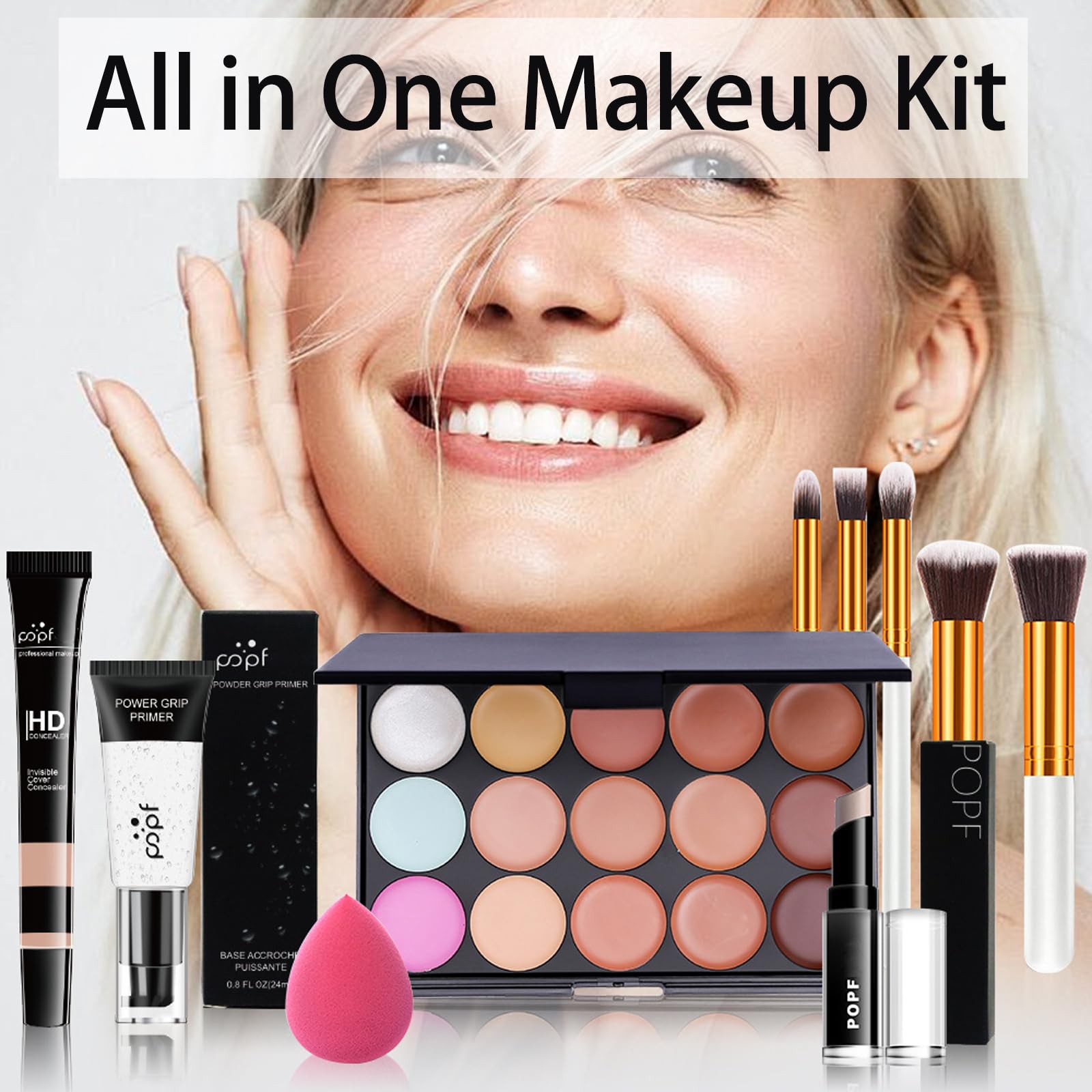 All in One Makeup Set, 15 Colors Concealer Palette with Primer Concealer Stick Puff Oval Brush - Image 2