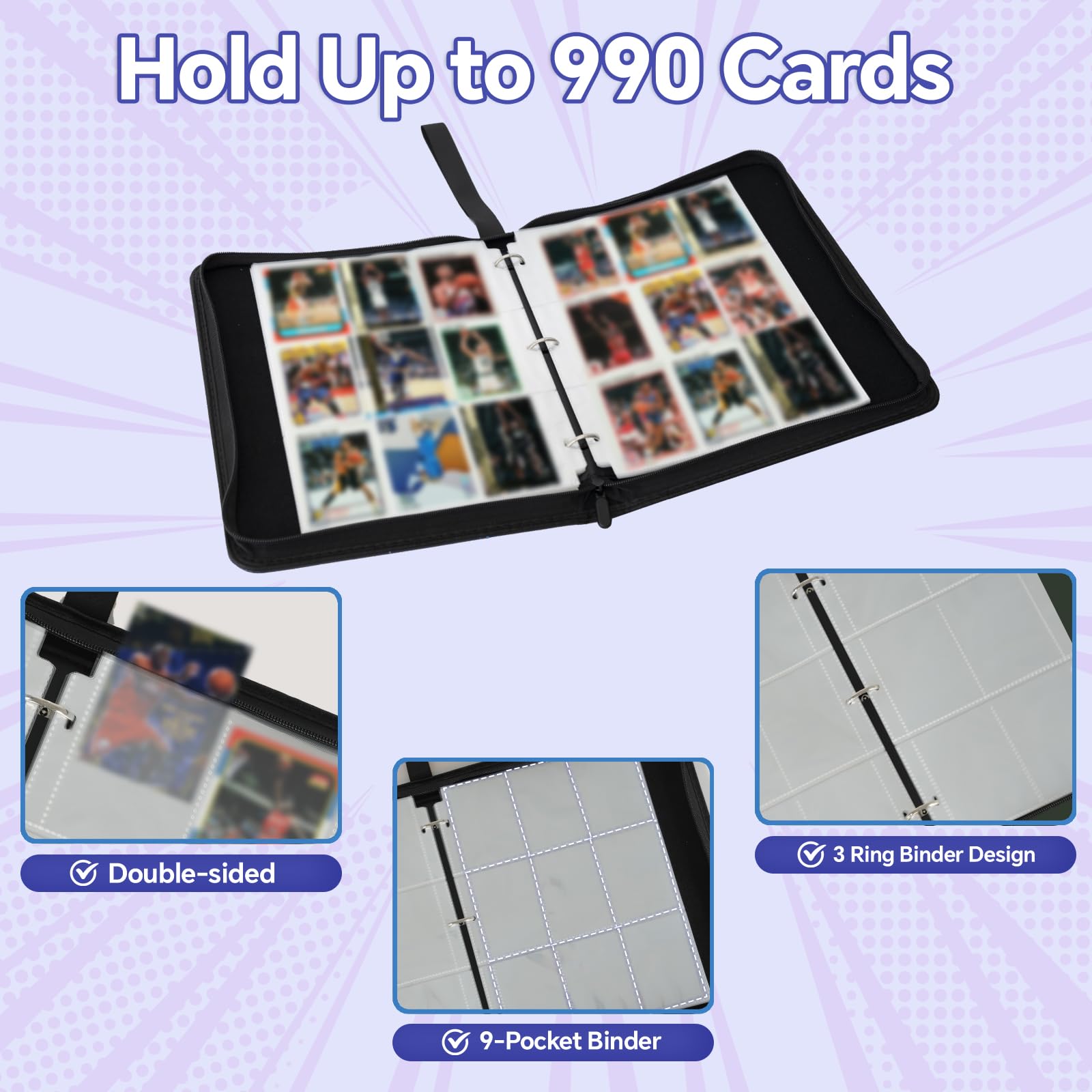 Bocenaia 9-Pocket Card Binder - 990-Pocket Trading Card Binder with 55 Removable Double-Sided Sleeves, Collectible Trading Card Albums for Sports Cards, Game Cards, Top Loader Binder - Star