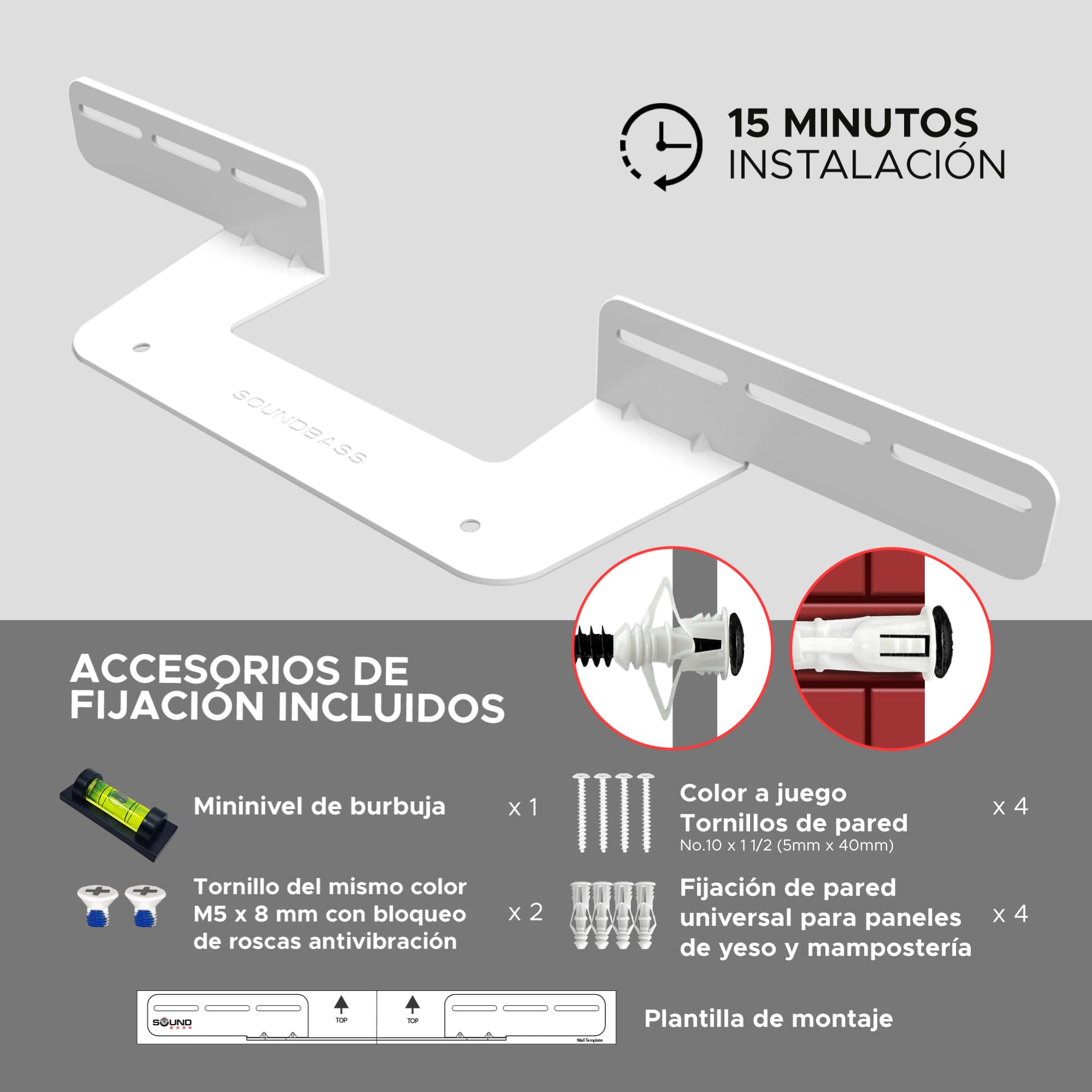 Soporte de Soundbar Soundbass para Sonos Beam, Compatible con la Soundbar Sonos Beam Generación 1 y 2, Incluye Todo el Hardware de Montaje Necesario, Soporte de Montaje, Blanco