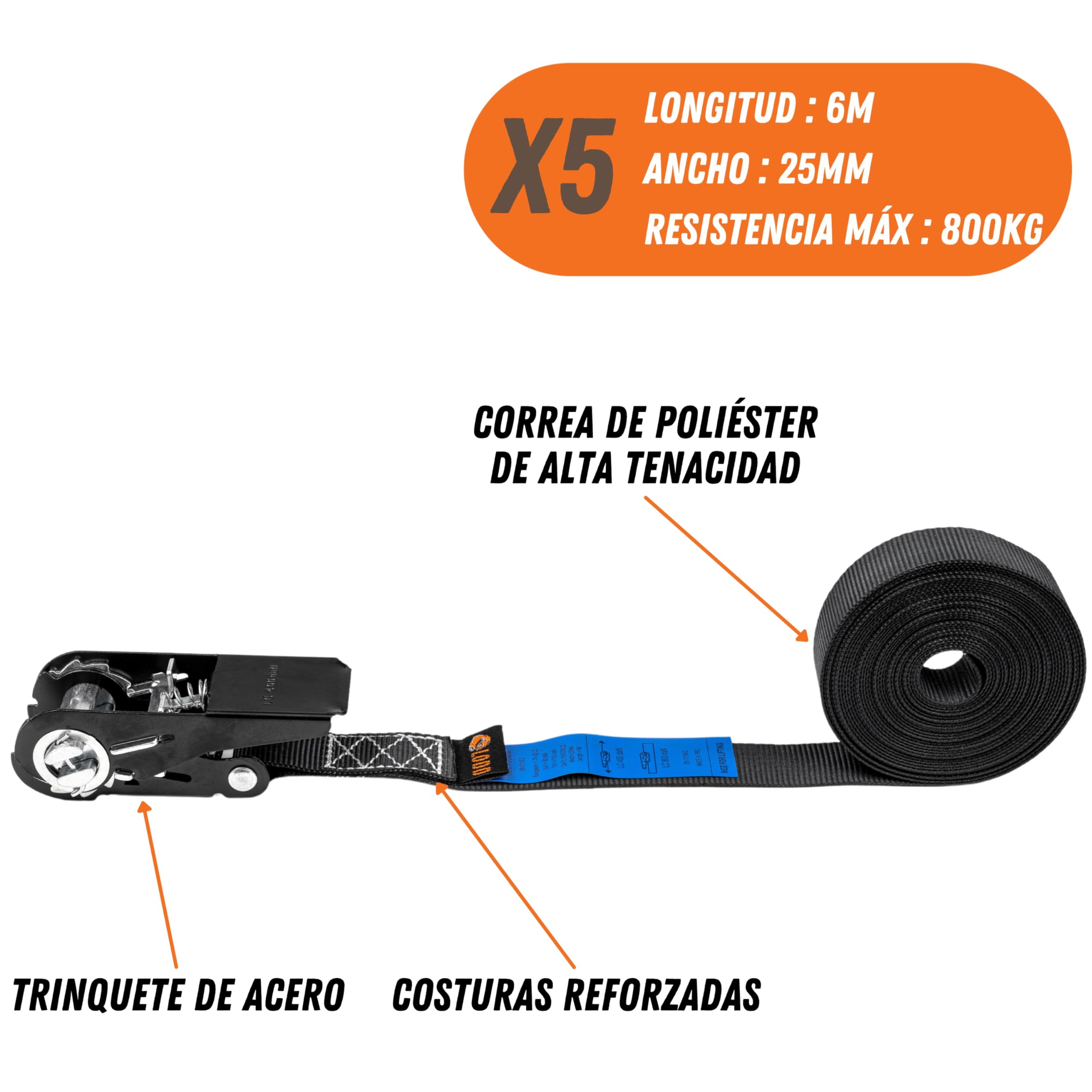 LODD - Juego de 5 Correas de trinquete de 6m x 25mm con Bolsa de Transporte. Resistencia 800kg. Conforme Norma EN 12195-2. Montaje Ideal para remolques de Motocicletas y Bicicletas