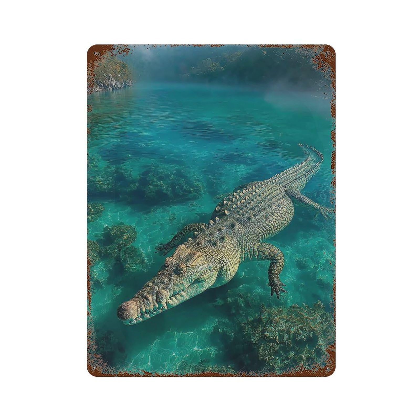 Crocodile in Turquoise Water Aged Metal Wall Plaque 15.7"x11.8", Classic Wall Plaque for Garage, Pub Or Kitchen