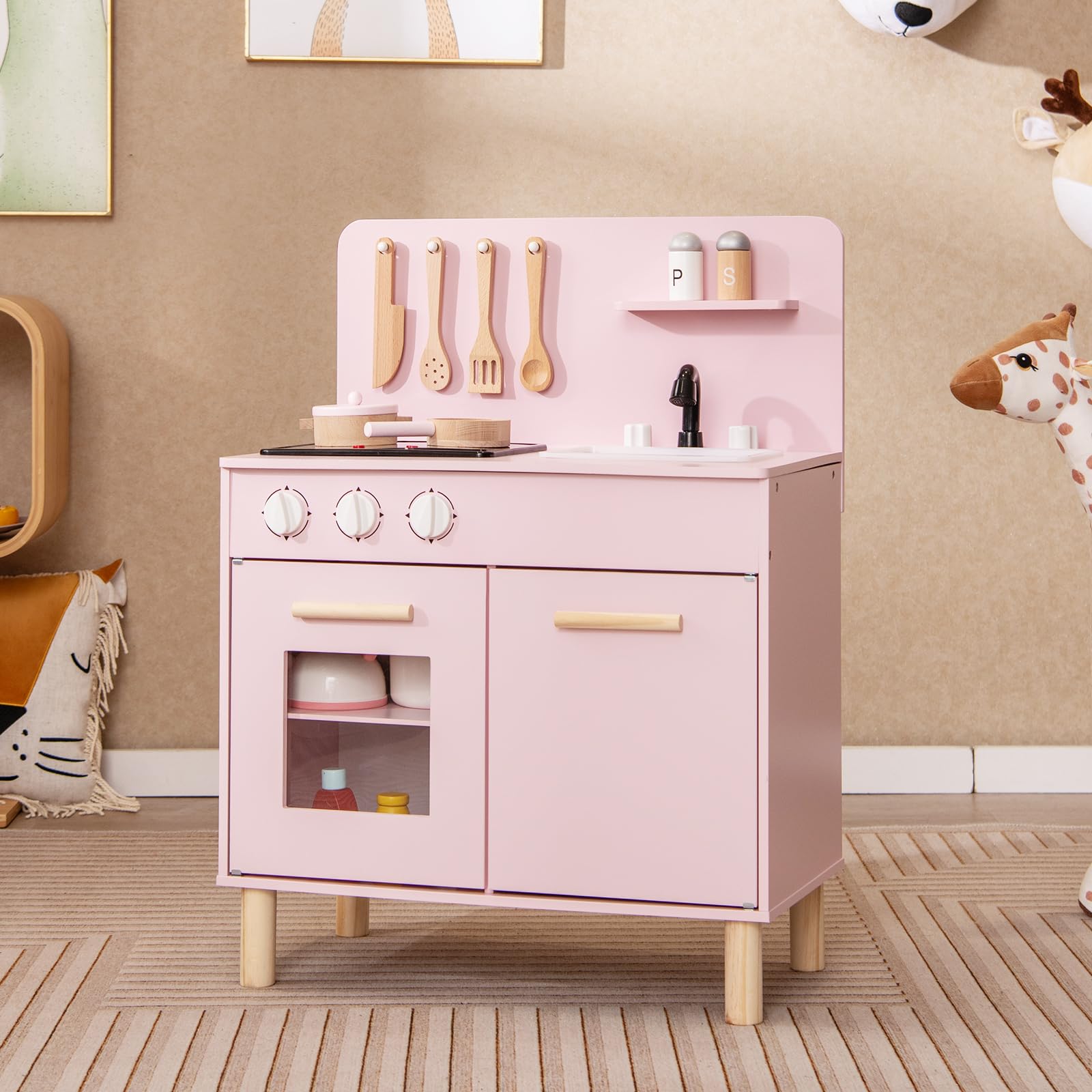RELAX4LIFE Cucina Giocattolo per Bambini, Mini Cucina in Legno con Luci e Suoni Reali, Utensili da Cucina, Set Giocattoli per Bambini 3+ Anni (Rosa)
