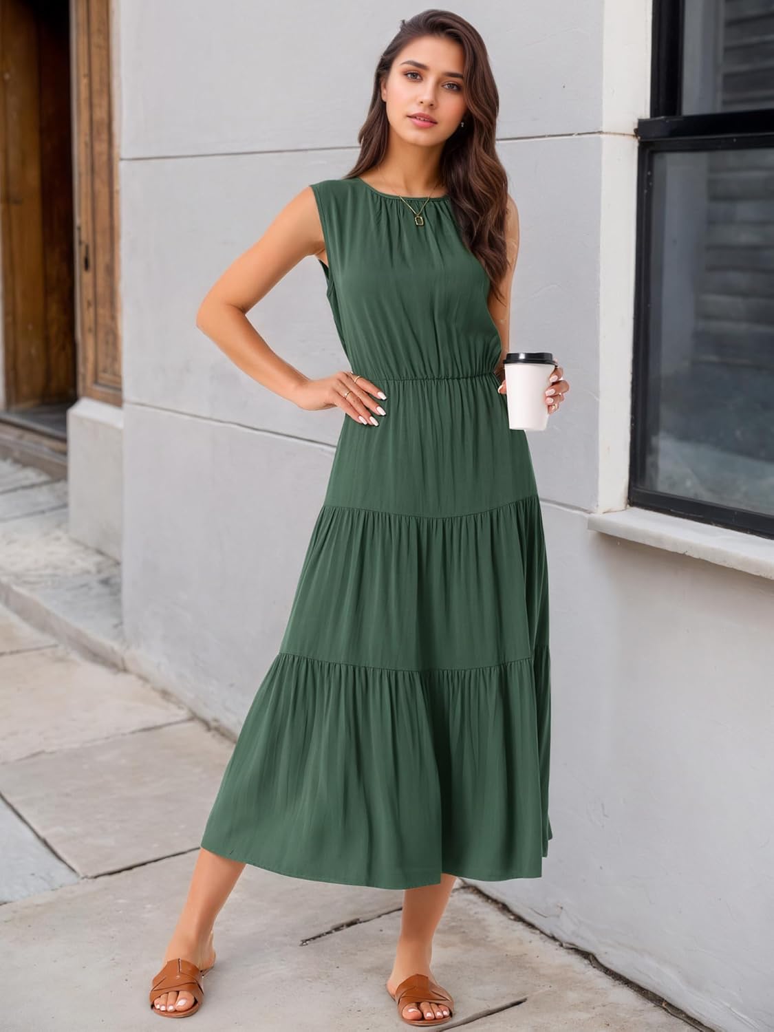Seta T Women's Summer Dresses Sleeveless Crewneck Sundress Tiered Casual Flowy Midi Dress with Pockets - Image 2