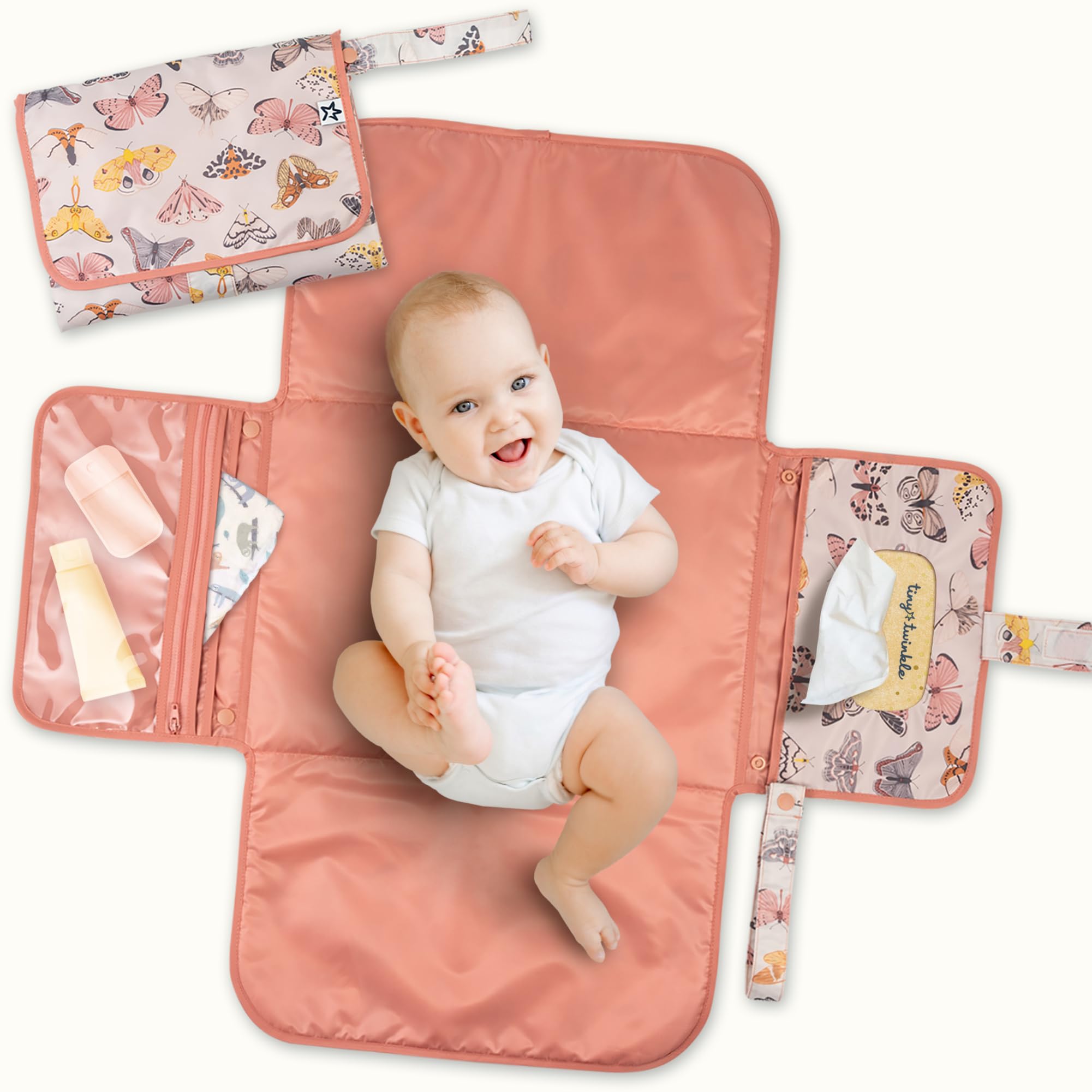 Tiny Twinkle Portable Baby Changing Mat – Foldable & Washable Travel Changing Pad – Diaper & Nappy Changing Mat with Smart Wipes Pocket & Storage (Flutter) — image 1