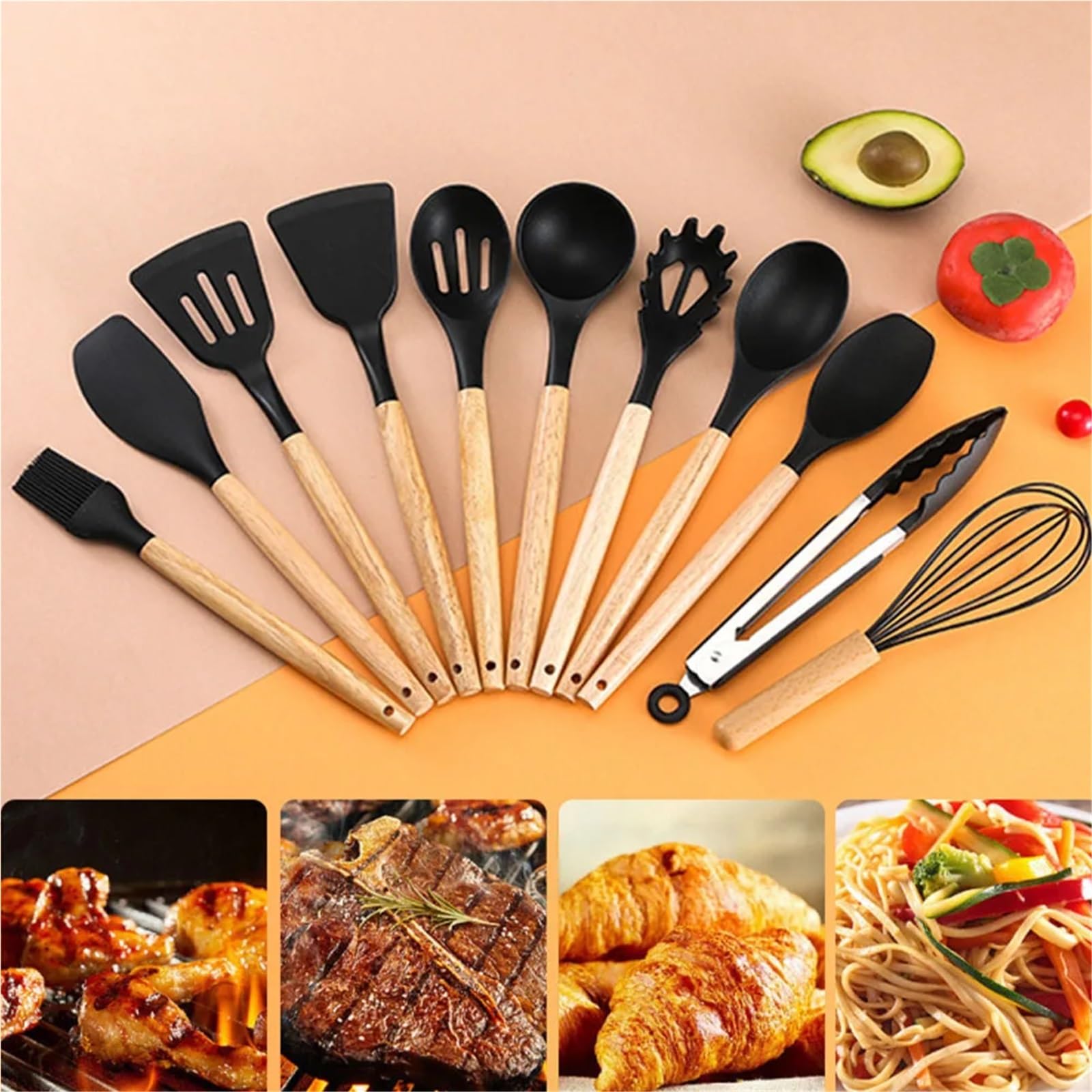 Set di utensili da cucina in silicone Set di utensili da cucina in silicone 12 pezzi for manico in pentola antiaderente, secchio stoccaggio for, resistente(12Pcs Grey)