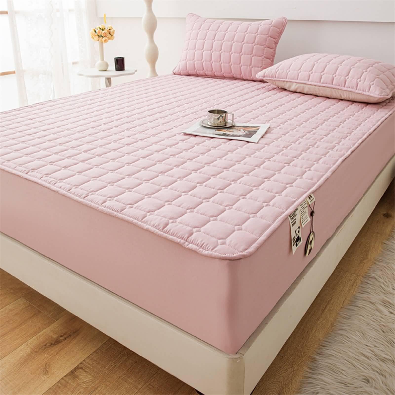 Pack de 3 Piezas Sabanas Bajeras Elasticas de Algodón, Color Sólido con Patrón de Cuadrado, 150 x 200 CM + 2 Fundas de Almohada, Bajeras Ajustables Rosa