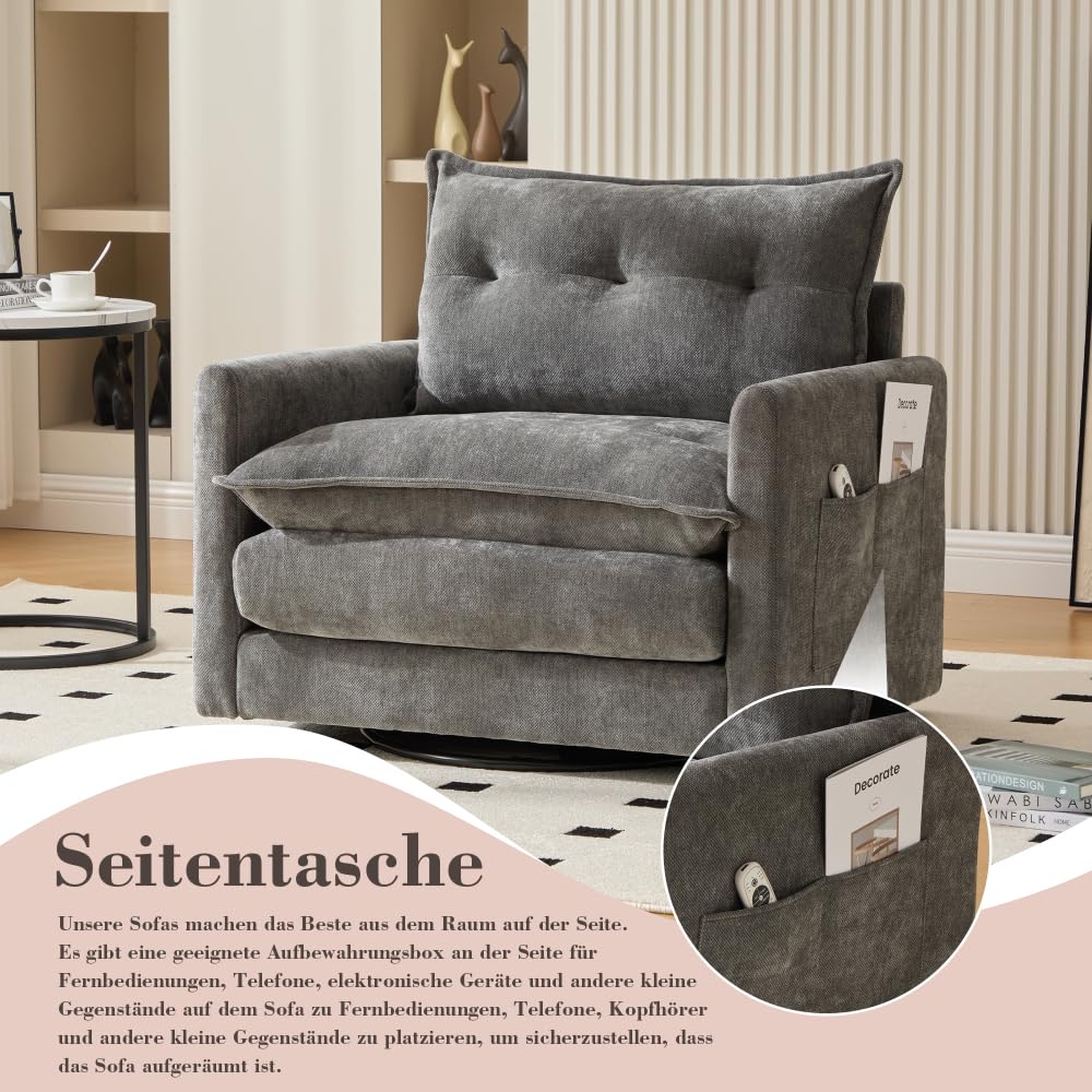 Sillón Giratorio 360° con Brazos y Cojines, Moderno, Cómodo para Sala, Dormitorio, Oficina o Estudio, Relax y Entretenimiento (Gris)