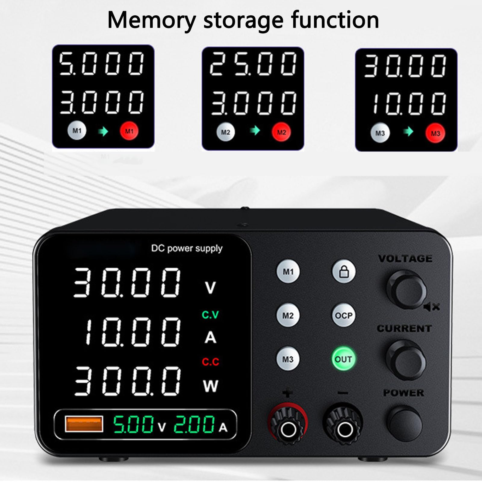 FTVOGUE Ajustable DC Fuente de Alimentación 0-30V 0-5A Banco Variable Fuentes de Alimentación con Encoder Sin Escalonamientos 18W USB Un Puerto de Carga (Enchufe UE 230V)