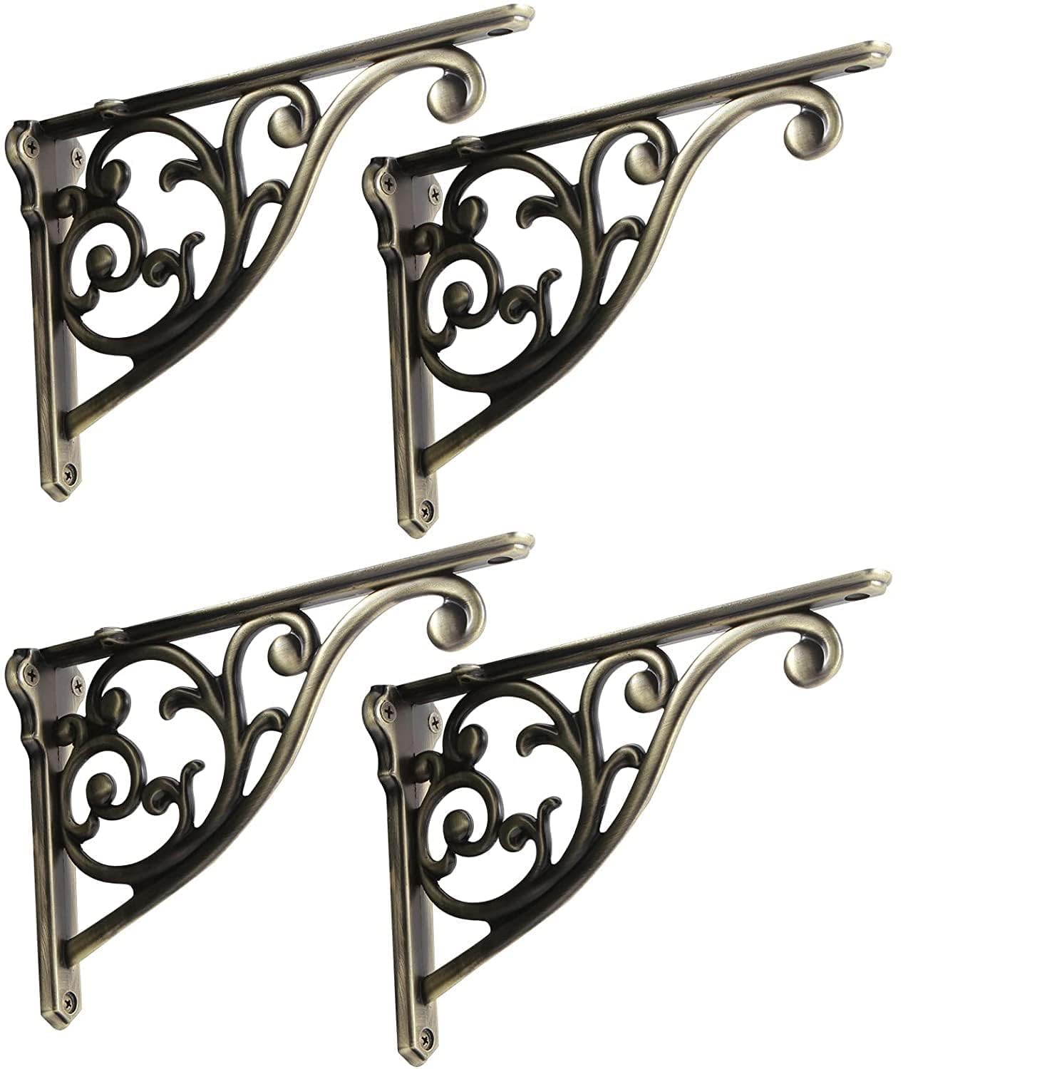 Shelf Brackets 4 Inch 4 Pack Heavy Duty Brushed Antique Brass Wall Bracket Victorian Kitchen Decorative Rack Shelves, Shelf Bracket Available in 8 finishes. (4, Brushed Antique Brass)