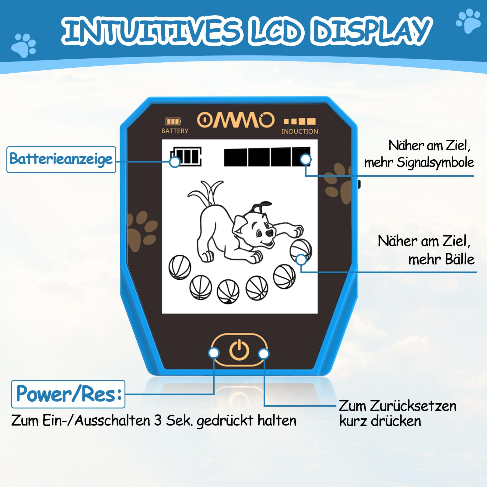 Metalldetektor Kinder, OMMO USB Wiederaufladbarer Metalldetektor mit Lustigem LCD-Display, 72-100cm Verstellbarer Leichter Metalldetektoren für Kinder, Erkundung im Freien, Azure