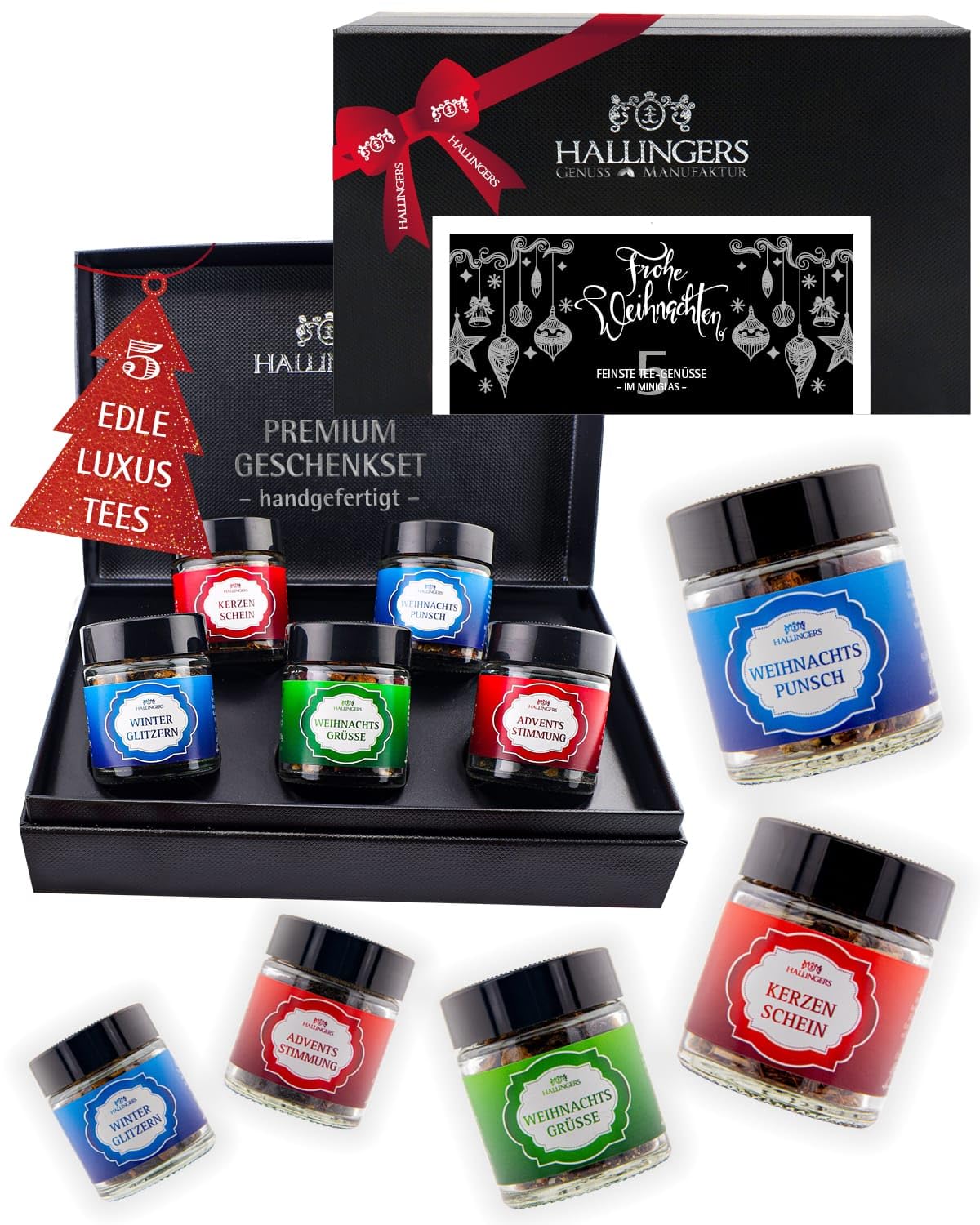Hallingers Genuss Manufaktur Tee Weihnachts-Geschenk-Set - 5 Sorten premium loser Tee Probierset in edler Geschenkbox mit Rezept-Booklet "Frohe Weihnacht...", Weihnachten für Frauen Männer
