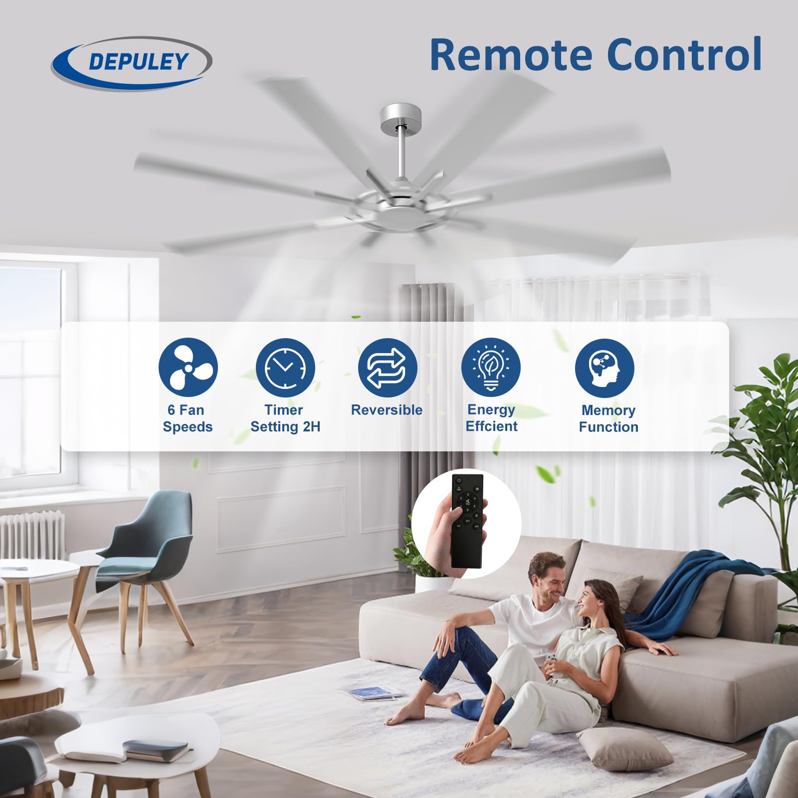 Depuley Grande ventilatore da soffitto senza illuminazione: Ventilatore da soffitto da esterno da 72 pollici a 8 pale con telecomando - Grande ventilatore in nichel spazzolato senza illuminazione