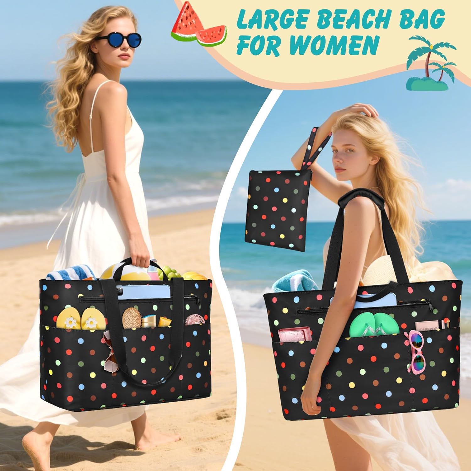 Extra Large Beach Bags for Women, Waterproof Beach Tote Bag with Zipper and Wet Pocket, Foldable Swim Pool Bag - Image 2