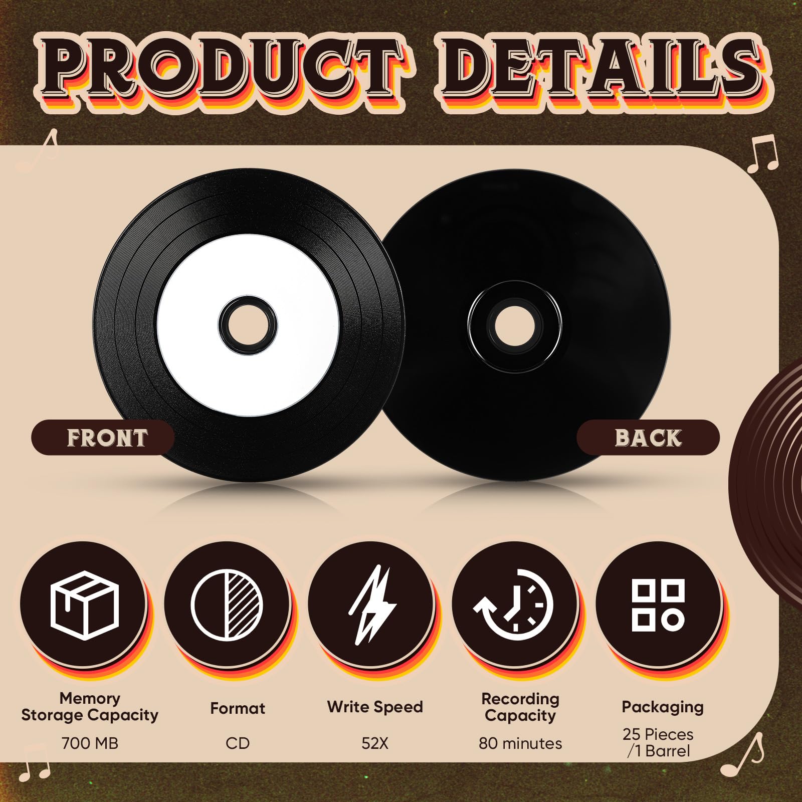 50 dischi CD-R vuoti, 700 MB, 80 min, 52x, in vinile, con centro stampabile a getto d'inchiostro bianco e superficie di registrazione nera per dati musicali