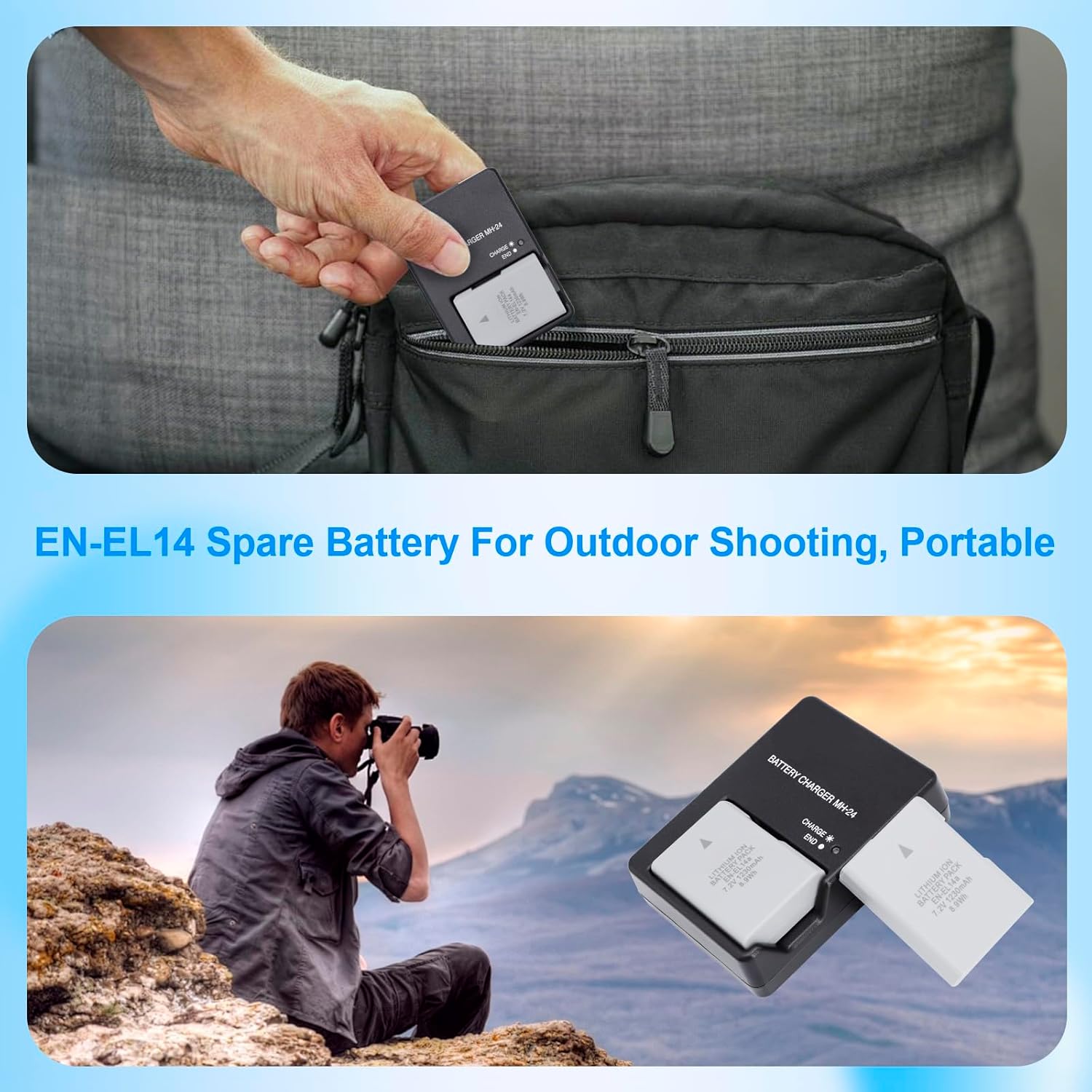 EN-EL14 EN-EL14A Battery 2 Pack 1230mAh with MH 24 Quick Charger for Nikon D3100 D3200 D3300 D3400 D3500 D5100 D5200 D5300 D5500 D5600 P7000 P7100 P7700 P7800 Camera Power Supply Cord