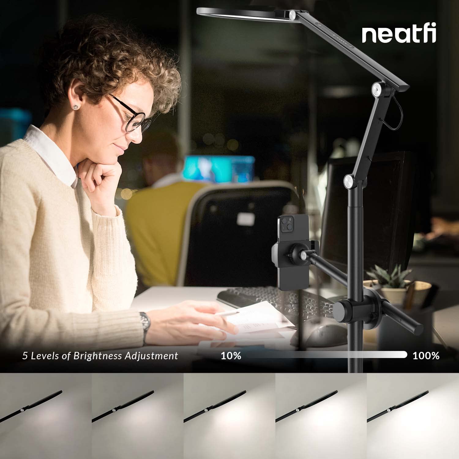 Neatfi LED-Tischlampe/Schreibtischlampe, Dimmbar mit 5 Helligkeitsstufen, 10W, USB-/Plug-betrieben (Mit Handyhalterung und Standfuß, Schwarz)