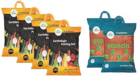 TrustBasket Enriched Premium Organic Earth Magic Potting Soil Mix with Required Fertilizers for Plants- 20 KG, Brown & Trust Basket Garden Red Soil - 10 Kg