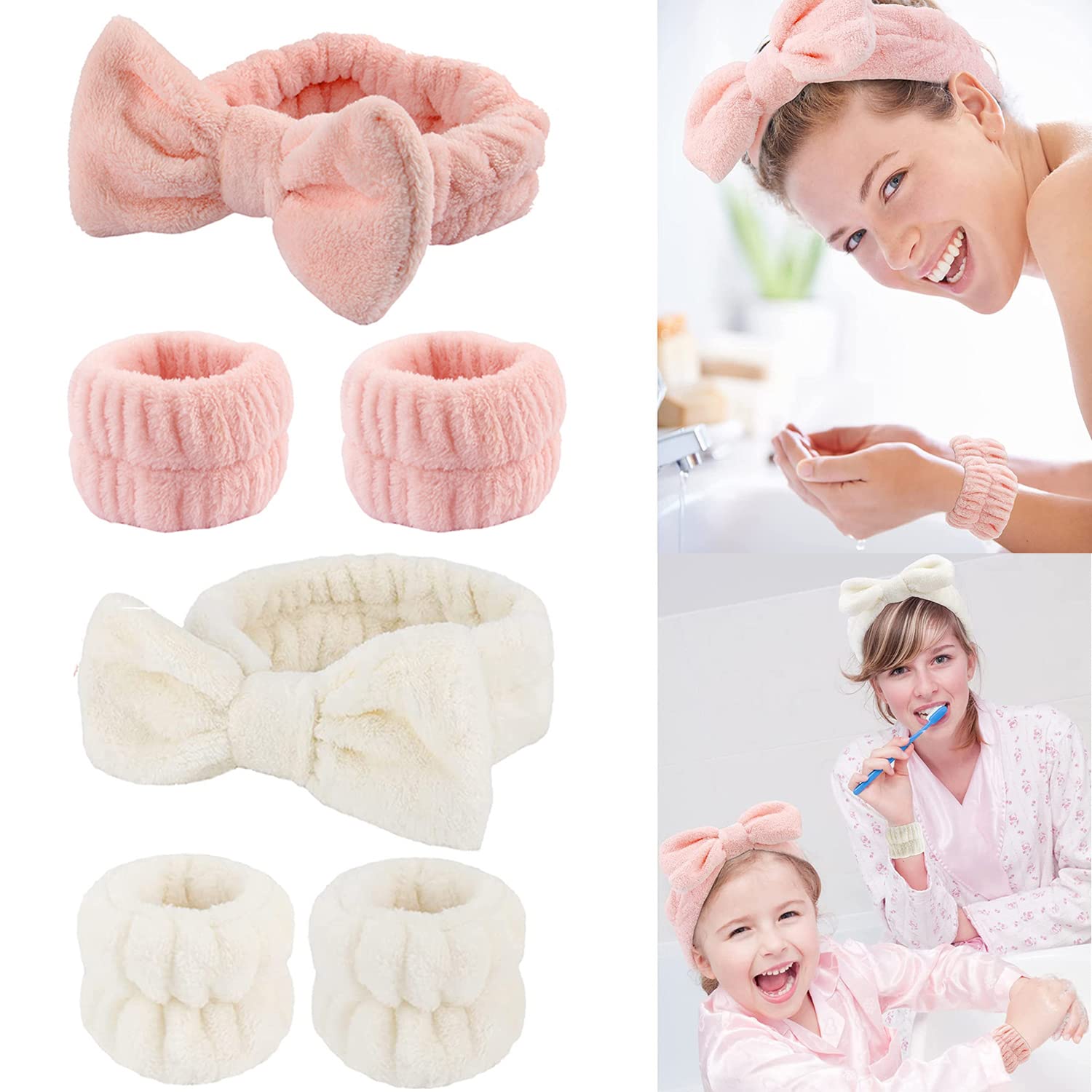 Stirnband zum Waschen des Gesichts, Spa-Armbänder, schnell trocknend, saugfähig, für Damen, 6 Stück (Rosa und Beige)
