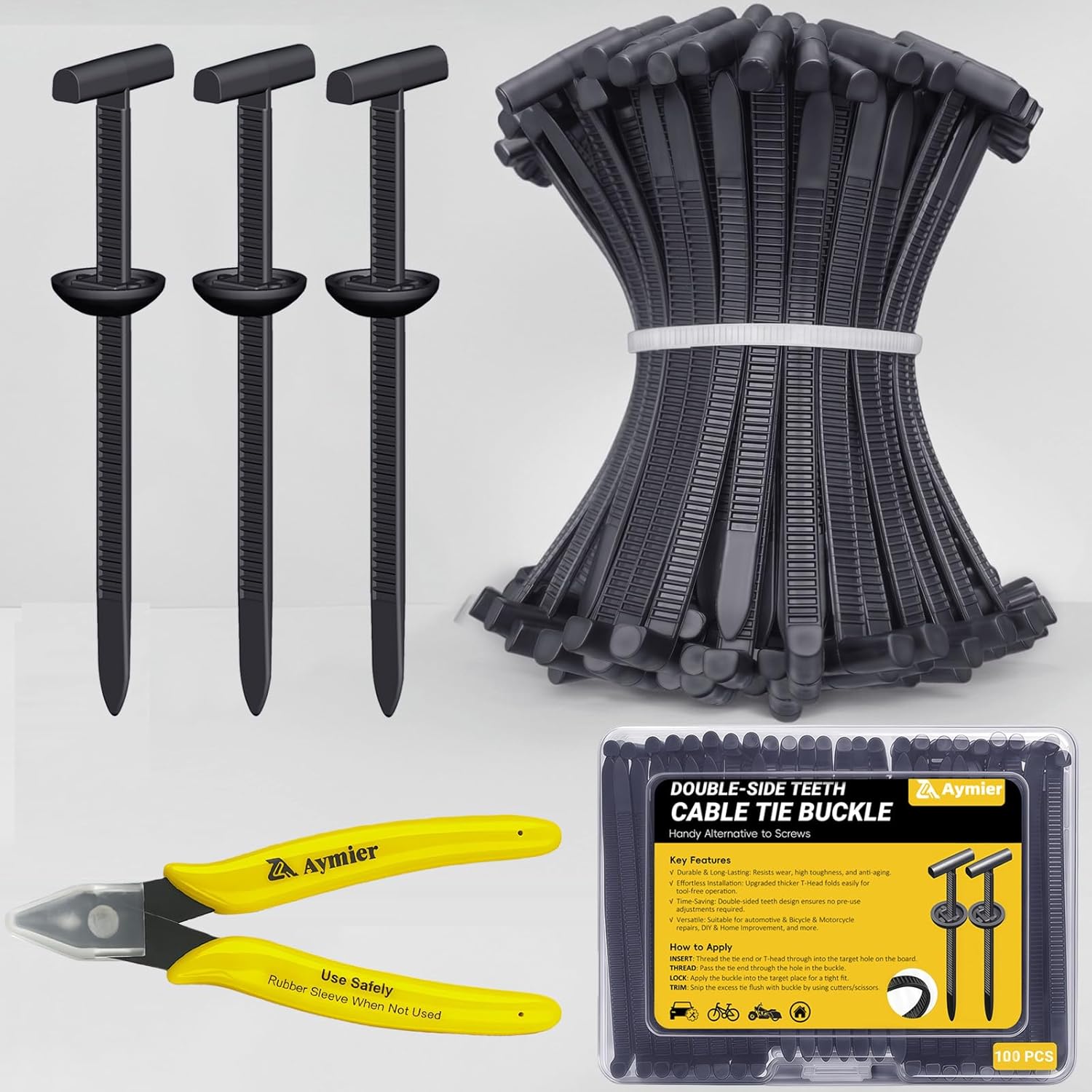 Upgraded Nylon Universal Cable Tie Buckles, Nylon Zip Ties Holders Kit, Automotive Zipper Clips Self-Locking T Rivet Zipties for Car Fender Trunk Bumper Repair, Home & Garage Patent Pending