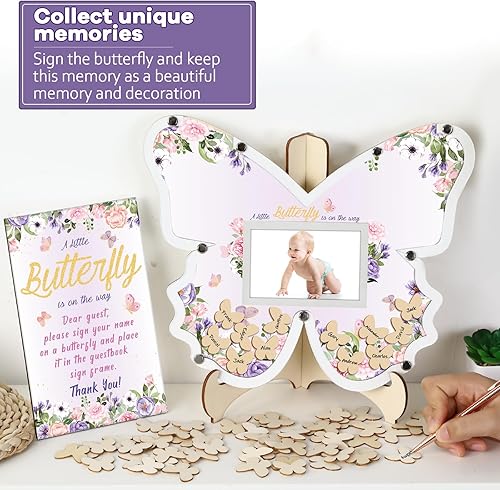 Miniatura 4 de 64 piezas de decoración de mariposa para baby shower, libros de invitados alternativas para baby shower de niña, letrero de madera para baby shower,