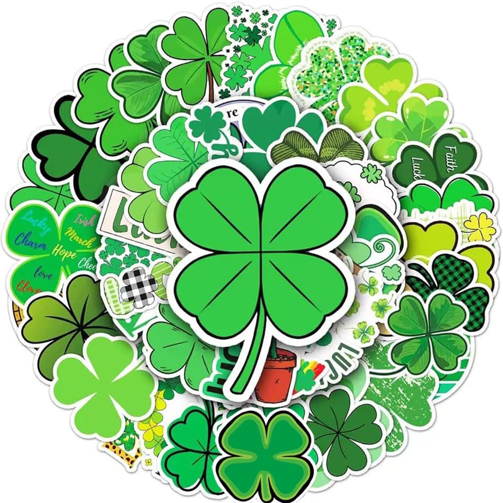 Four Leaf Lucky Clover Stickers |50Pcs St Patricks Day Theme Waterproof Vinyl Decals for Water Bottles Bicycle Laptop Refrigerator Luggage Computer Mobile Phone Skateboard Bike