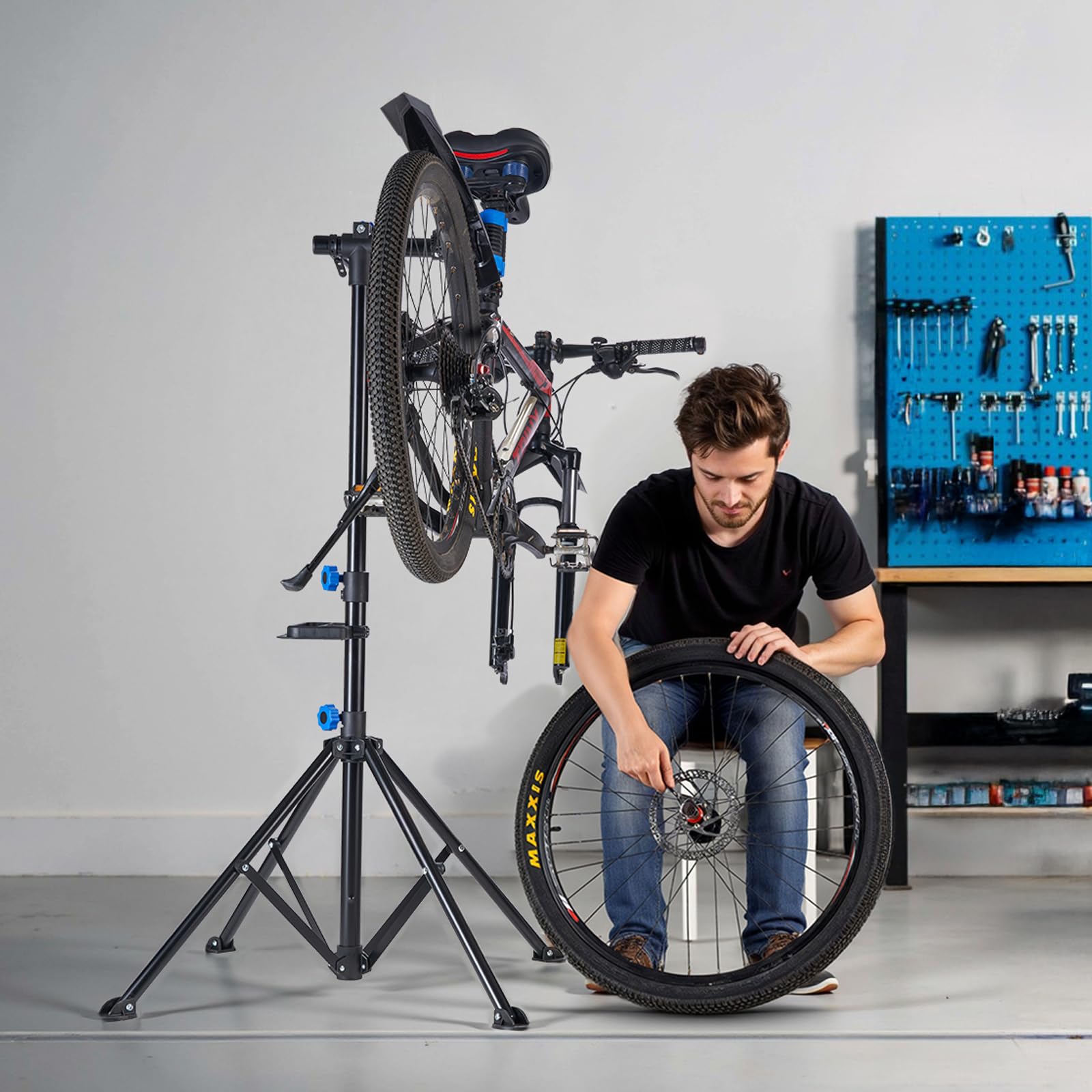 VEVOR Pied d'atelier vélo, hauteur réglable de 835-1440 mm, support de réparation de vélo robuste, charge 29,9 kg, stand de bicyclettes avec plateau à outils magnétique, pour VTT et vélos de route