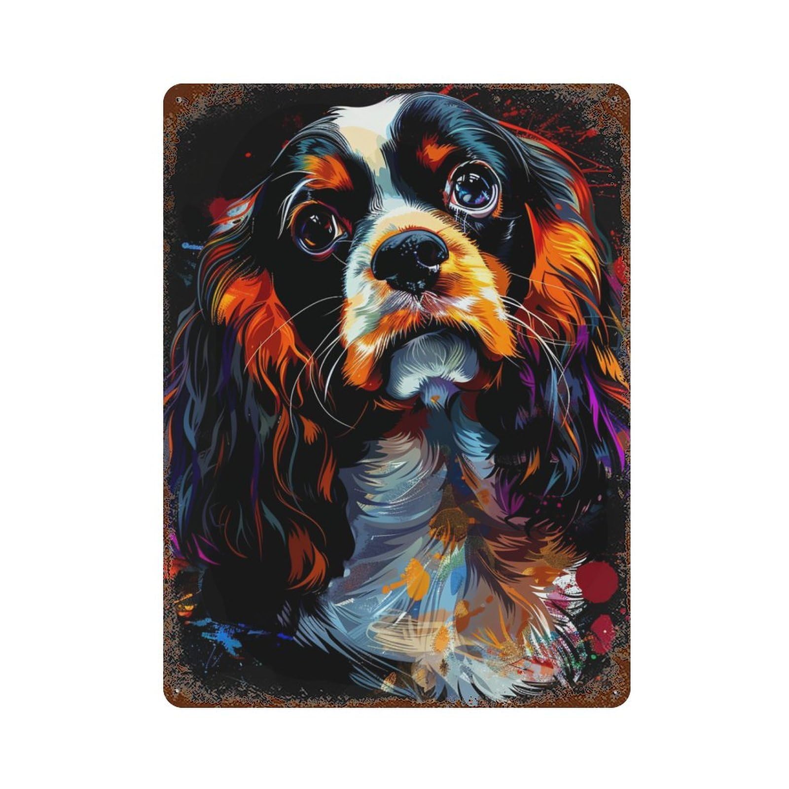 Rusty Metal Tin Sign Colorful Cavalier King Charles Spaniel Art 15.7"x11.8", Rustic Home Decor for Shed, Workshop And Garage Wall Decor