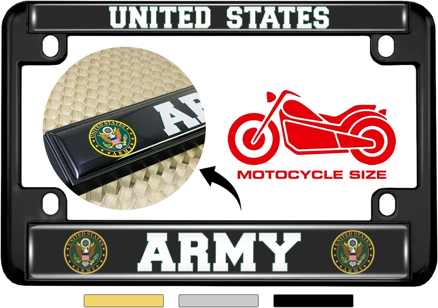 [Officially Licensed Product] - Motorcycle Domed Custom-Made Personalized Metal License Plate Frame Frame with US Army Design - Black