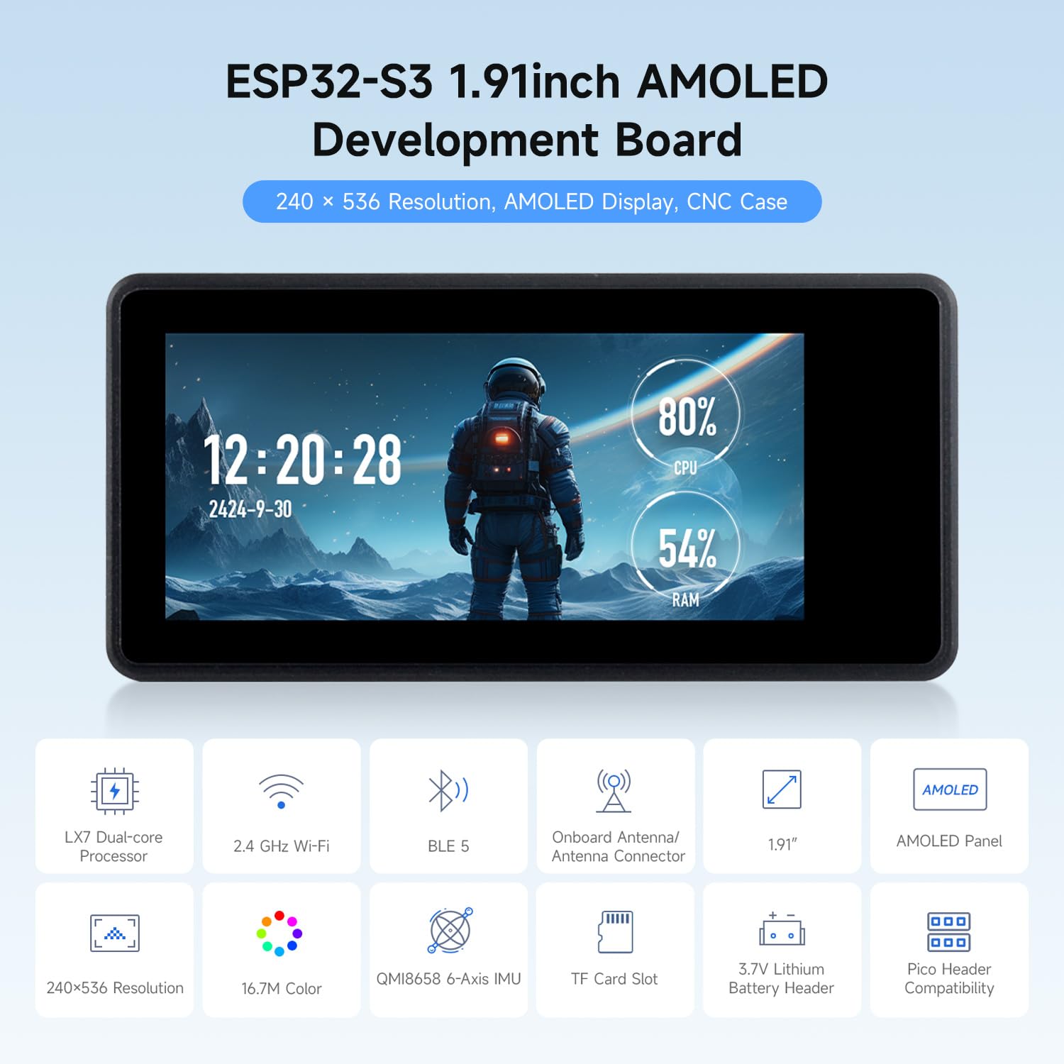 Waveshare ESP32-S3 1.91inch AMOLED Display Development Board, 240×536, 32-bit LX7 Dual-core Processor, Up to 240MHz Frequency, with Touch Function, with Pre-Solder Header