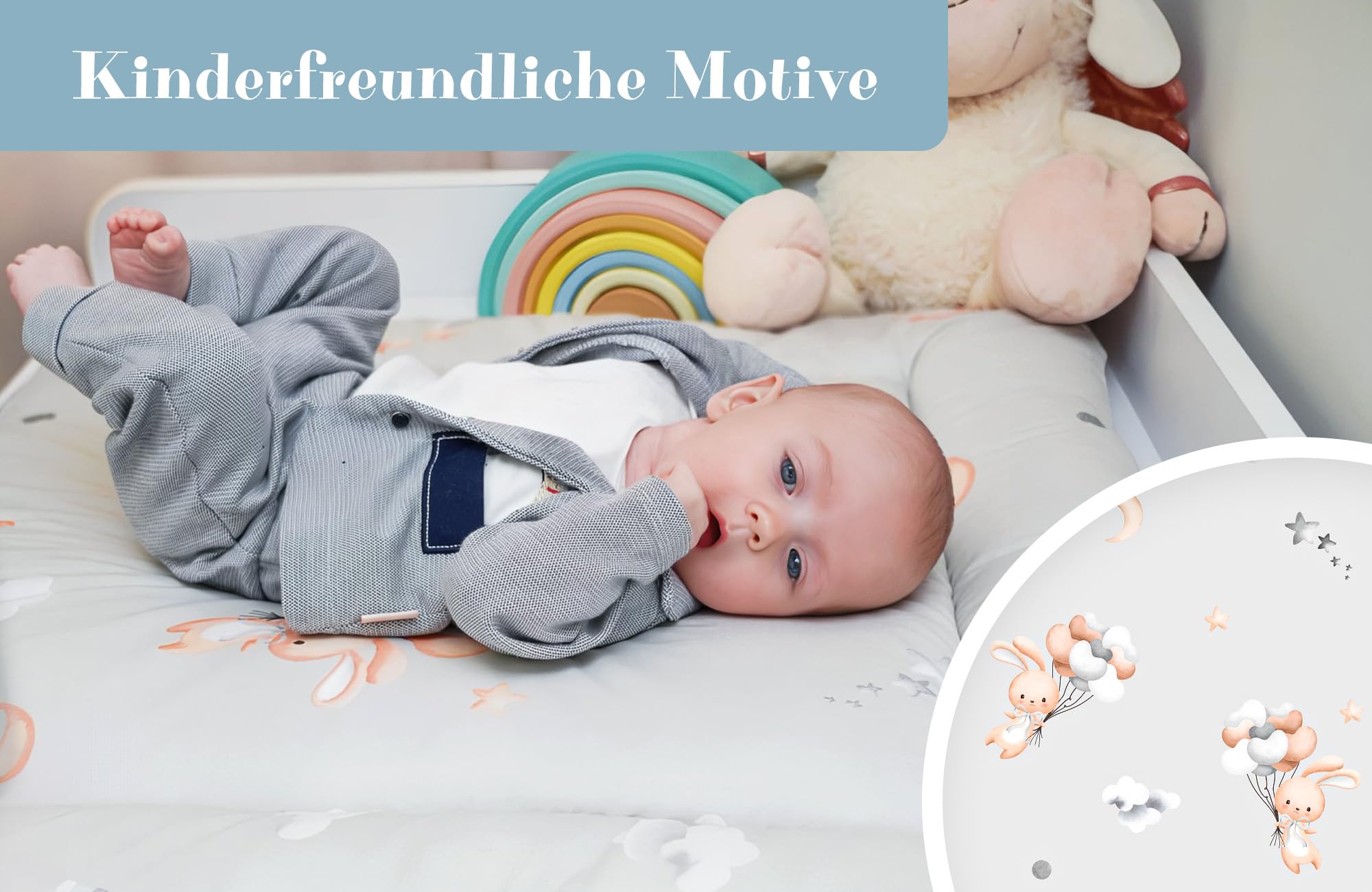 Wickelauflage Wickelunterlage aus Baumwolle 75x72 cm - Weich und waschbar Wickelunterlage für Babys Wickelmatte aus Stoff für Wickeltisch Wickelkommode oder Waschmaschine 75 x 72 Oeko-Tex Kaninchen