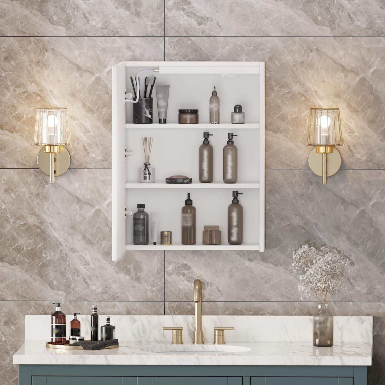 Badezimmer-Spiegelschrank mit LED-Beleuchtung, 3 verstellbares Licht, Spiegelschrank groß mit Ablage und Steckdose, Anti-Beschlag Wandschrank platzsparend, 50 * 66cm, Weiß