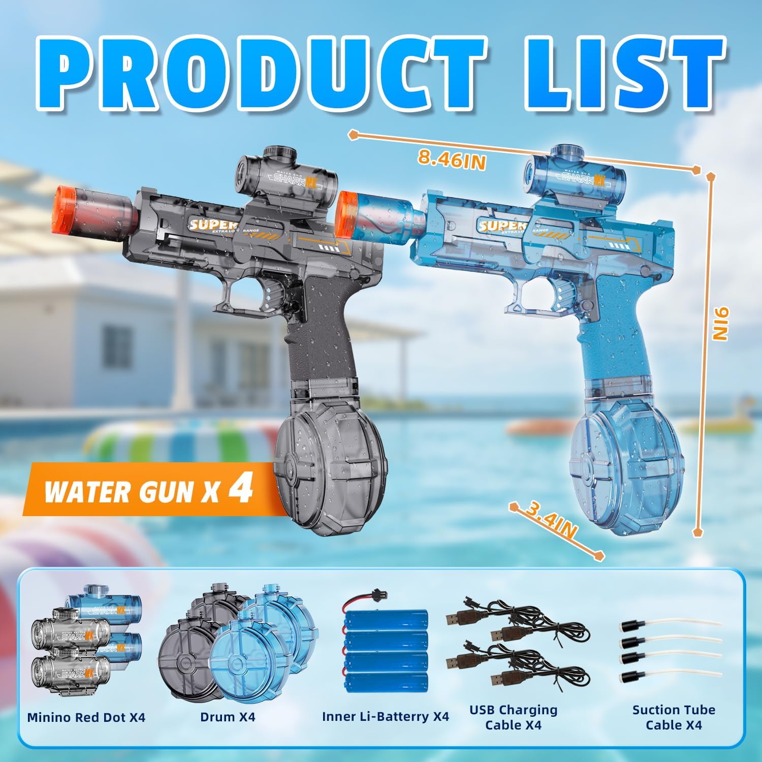 4Pcs Electric Water Gun for Kids Adults, Automatic Squirt Gun Pistol with Water Spray Sound and Led Light, Leak-Proof Rechargeable Watergun for Summer Outdoor Pool Beach Toys for Boys (Black+Blue)