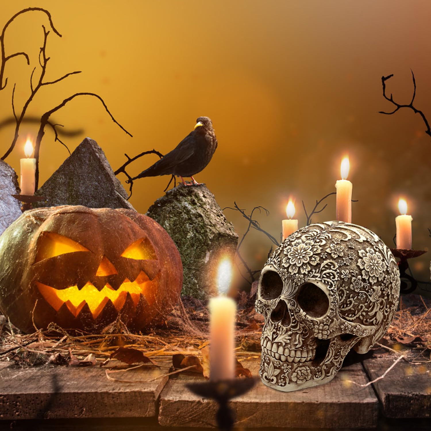 Wynameleri Kreative Totenkopf-Blumen-Skulptur 20,6 cm, menschlicher Kopf Skelett-Statue, Halloween Heimdekoration, kunstvolles Blumen-Totenkopf-Gesicht, realistisches Modell Skulptur Geschenke