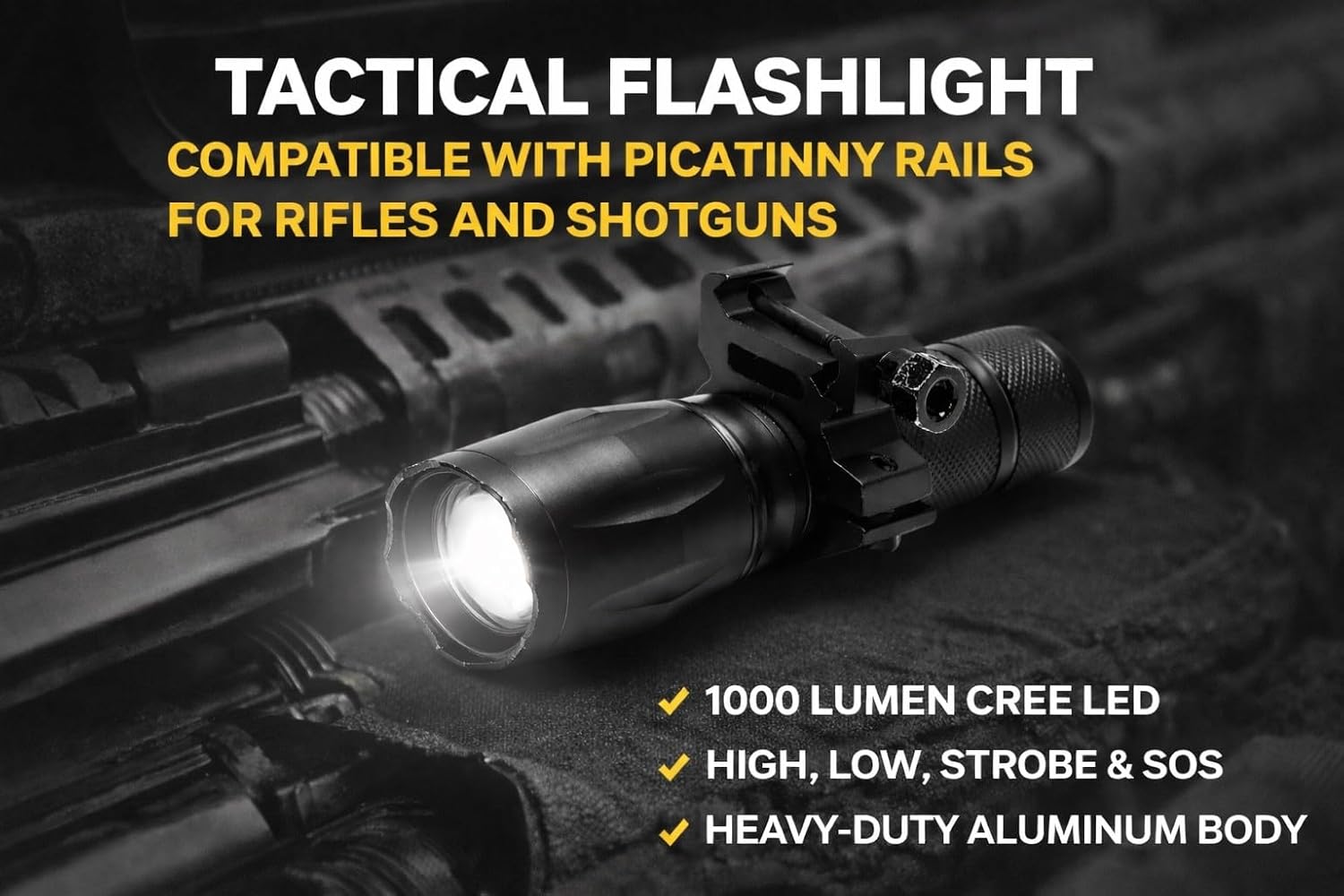 Trinity 1000 Lumen Tactical Flashlight with Picatinny Rail Mount for KS7 Pump – CREE LED, Aluminum Body, 200m Beam, Black